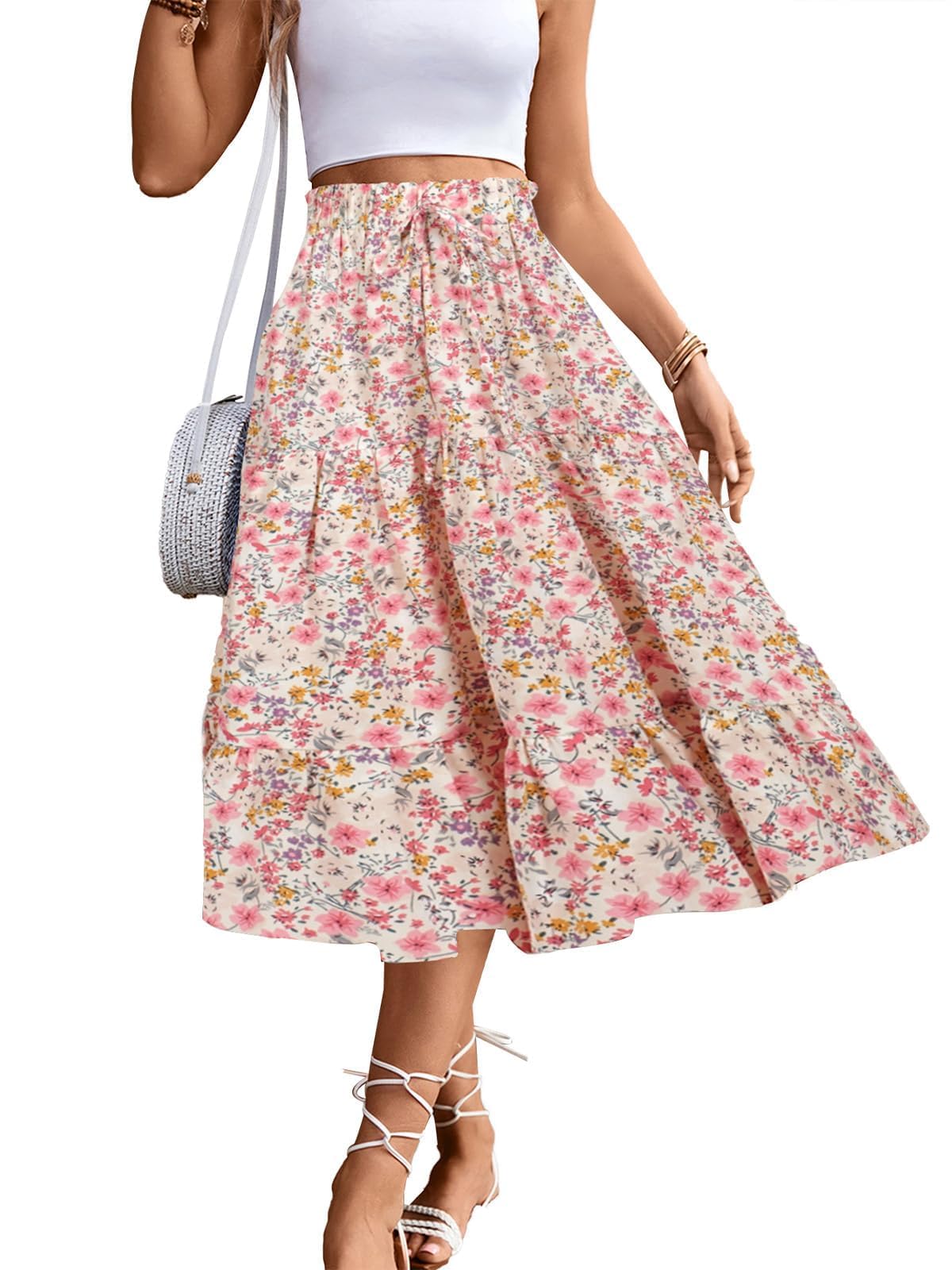 BARASA Summer Womens Midi Skirts Boho High Elastic Waist Fake Drawstring Floral Print A line Casual Cute Skirt