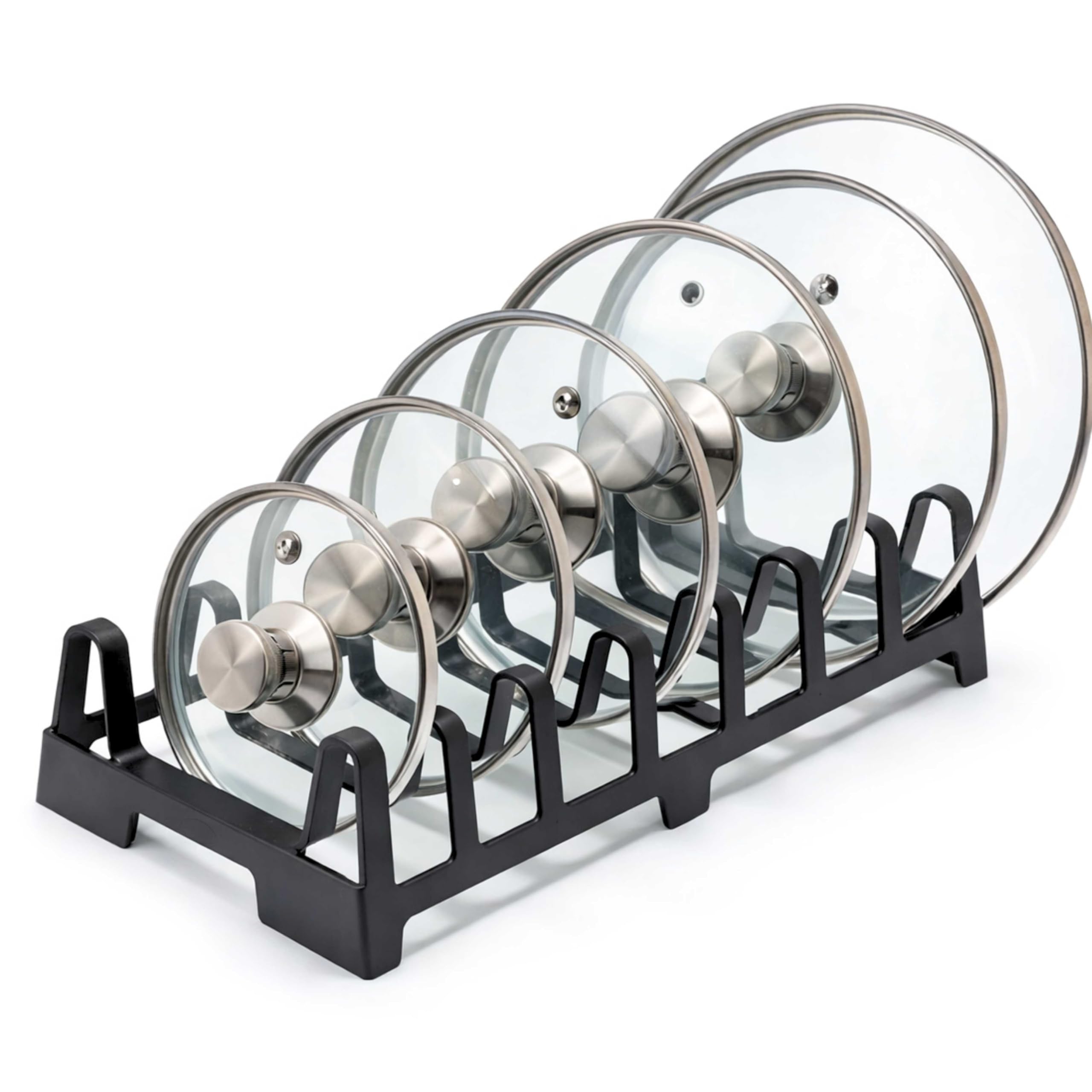 Divchi Black Pot Lid Holder Kitchen Organiser – 7 Slot Pan Lid Rack Lids, Plates & Chopping Boards, Compact Cupboard Storage Organiser (Black)
