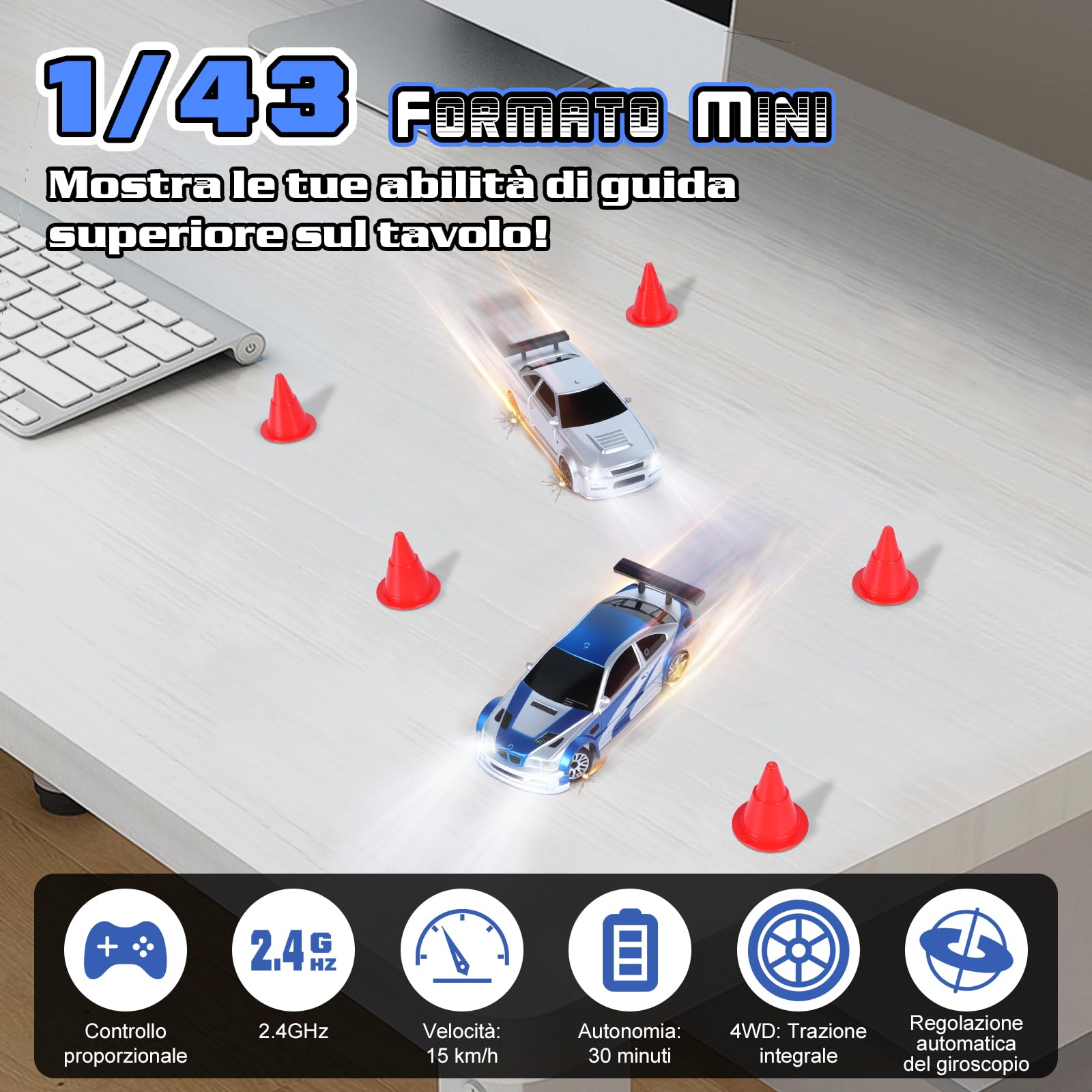JONRRYIN RC Auto Drift Pro 1:43, Macchina Telecomandata Drift, Mini Drift Car, Micro Macchina Telecomandata con Luce LED, 15km/h, Auto Giocattolo per Bambini di 14 Anni (Blu Pro-Gyro)