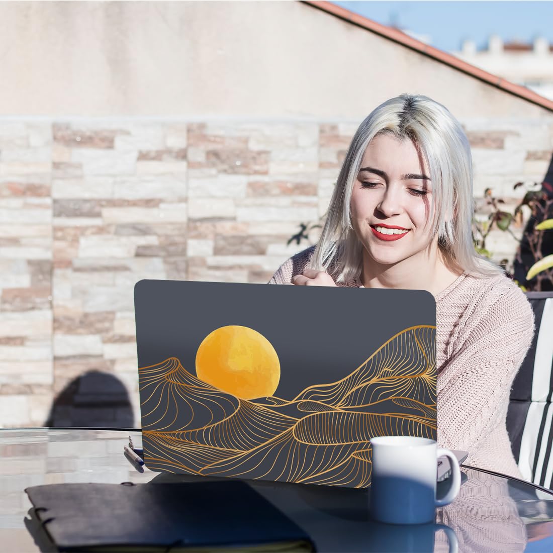 PLIGREAT Golden Sun Mountain Line Art Laptop Skin Sticker Decalcomanie Universale Vinile Riutilizzabile Notebook Decorativo FAI DA TE Adesivi di Copertura Protettiva Ad Acquerello Per Laptop Netbook