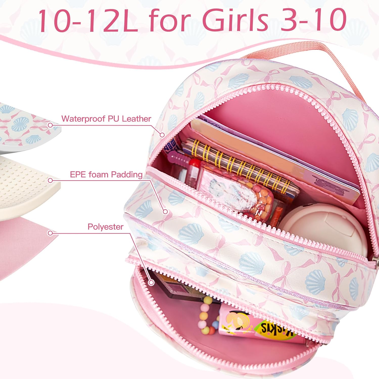 Cute Toddler Little Kids Pink Backpack 3 4 5 6 7 8 Year Old Girl Preschool Kindergarten Graduation Birthday Gifts, Sparkly Sequin Purse Girls Summer Camp Beach Vacation Essentials Bow Shell Decor