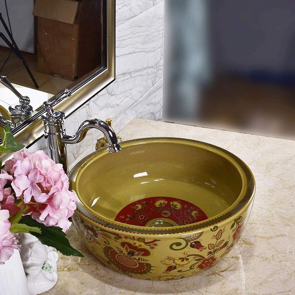 Szafka Pod Umywalkę Z Umywalką, Umywalka Łazienkowa Nablatowa, Okrągła Ceramiczna Umywalka Łazienkowa Nablatowa W Stylu Vintage, Porcelanowa Miska Nablatowa