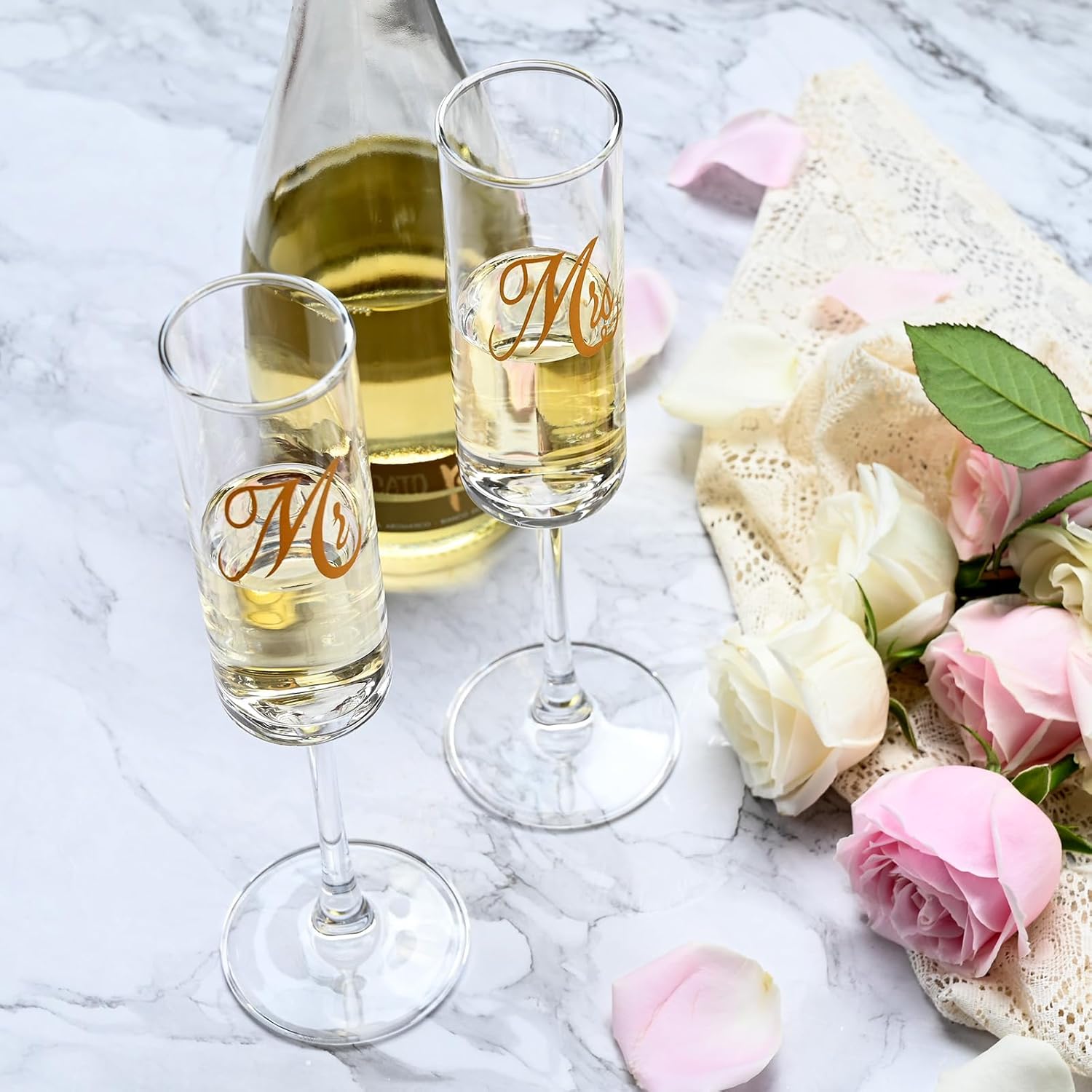 Mr and Mrs Champagne Flutes, Wedding Champagne Flutes Glass 7 oz, Straight Champagne Glasses Set of 2, Bride and Groom Champagne Glasses, Mr and Mrs Gifts, Wedding Gifts Dishwasher Cleaning - Image 6