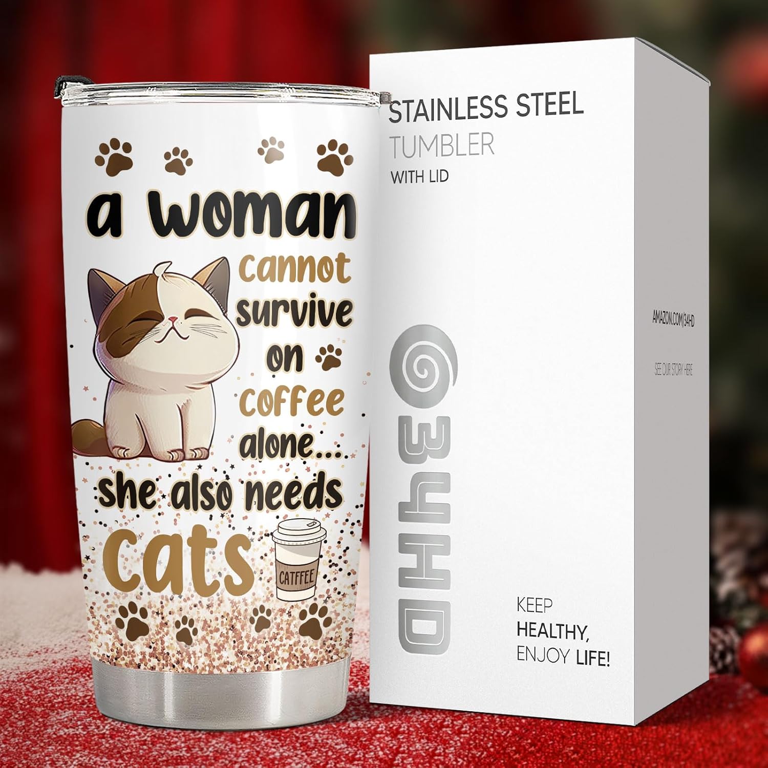 34HD Funny Cat Mom Valentine Gifts for Women, Catpuccino Coffee Tumbler 20 oz, Travel Mug for Cat Lovers, Galentine's Day Present for Friend Co-worker - Image 7
