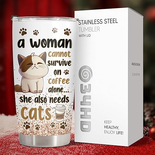Miniatura 7 de 34HD Taza de Gato con Tapa, taza de café de acero inoxidable con aislamiento al vacío de 20 onzas con gatos, lindos regalos de gatita para mujeres,