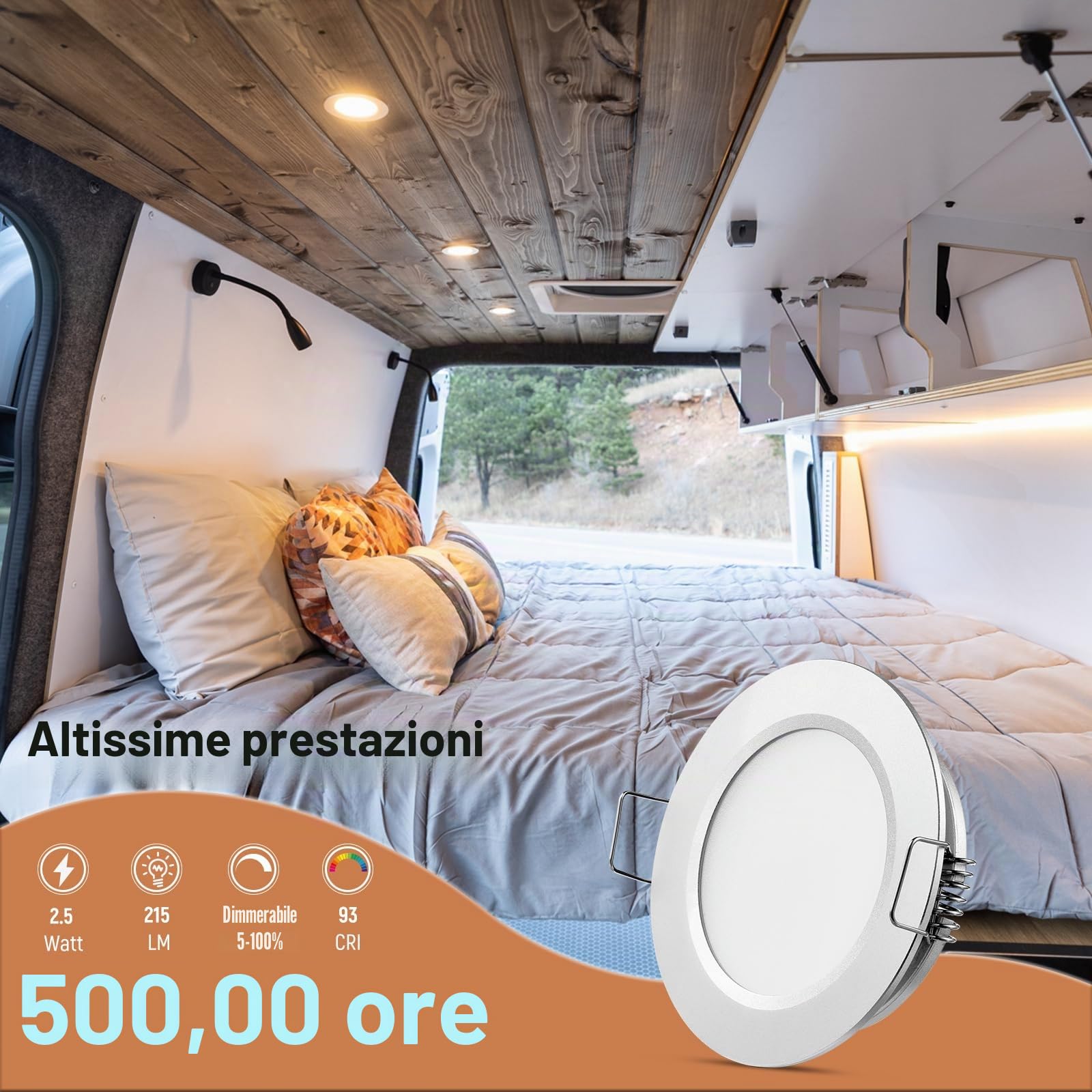 4 x Faretti da Incasso 12V LED Camper 2,5W 3000K Bianco caldo, Rotondo Luci da Soffitto Ø58-63mm 215lm Argento Dimmerabile per Barca Furgone Bagno Mobile Armadio (senza trasformatore)