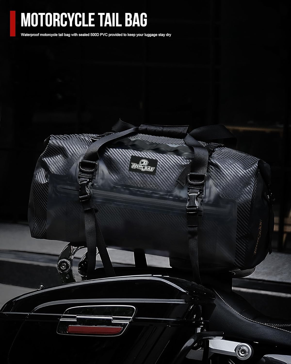 Grapelet Motorcycle Dry Bag Waterproof 50L - Motorcycle Tail Bag Saddle Bags with Carbon Fiber Texture PVC 500D Motorbike Duffle Bag Camping Travel Luggage Bags