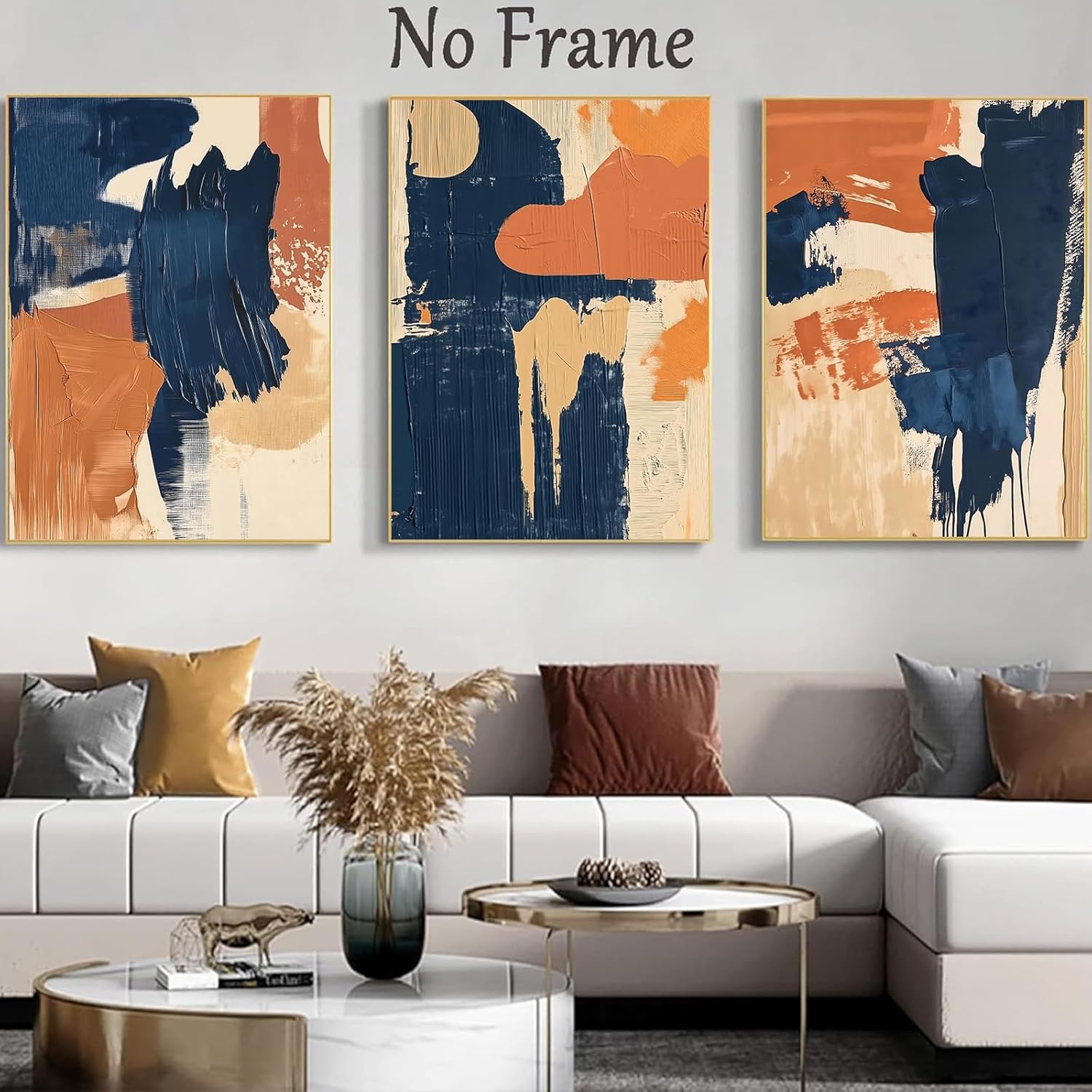 Orange Blue Canvas Wall Art Minimalist Boho Modern Paintings Navy Blue Gold Beige Abstract Pictures Mid Century Abstract Wall Art Terracotta Blue Orange Painting Modern Abstract Print 16x24in No Frame - Image 2