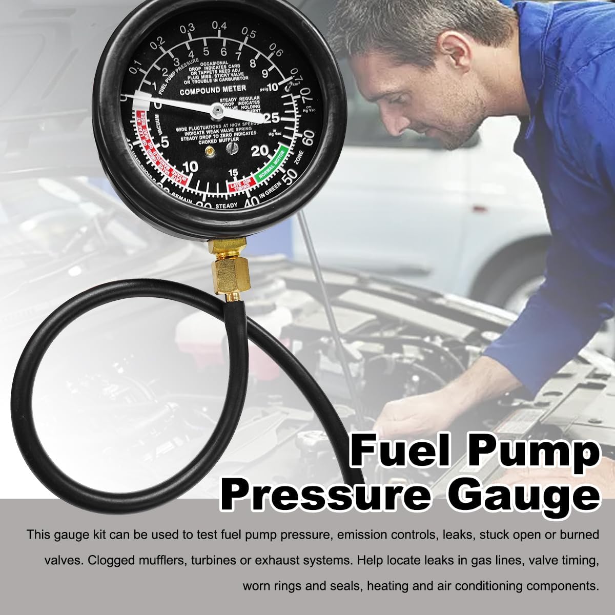 DXNQ Fuel Pump and Vacuum Tester Gauge, Gasoline Pressure Meters Fuel Pressure Tester Kit, Automotive Engine Fuel System Testing Tool Carburetor Leakage Diagnosis, Car Accessories
