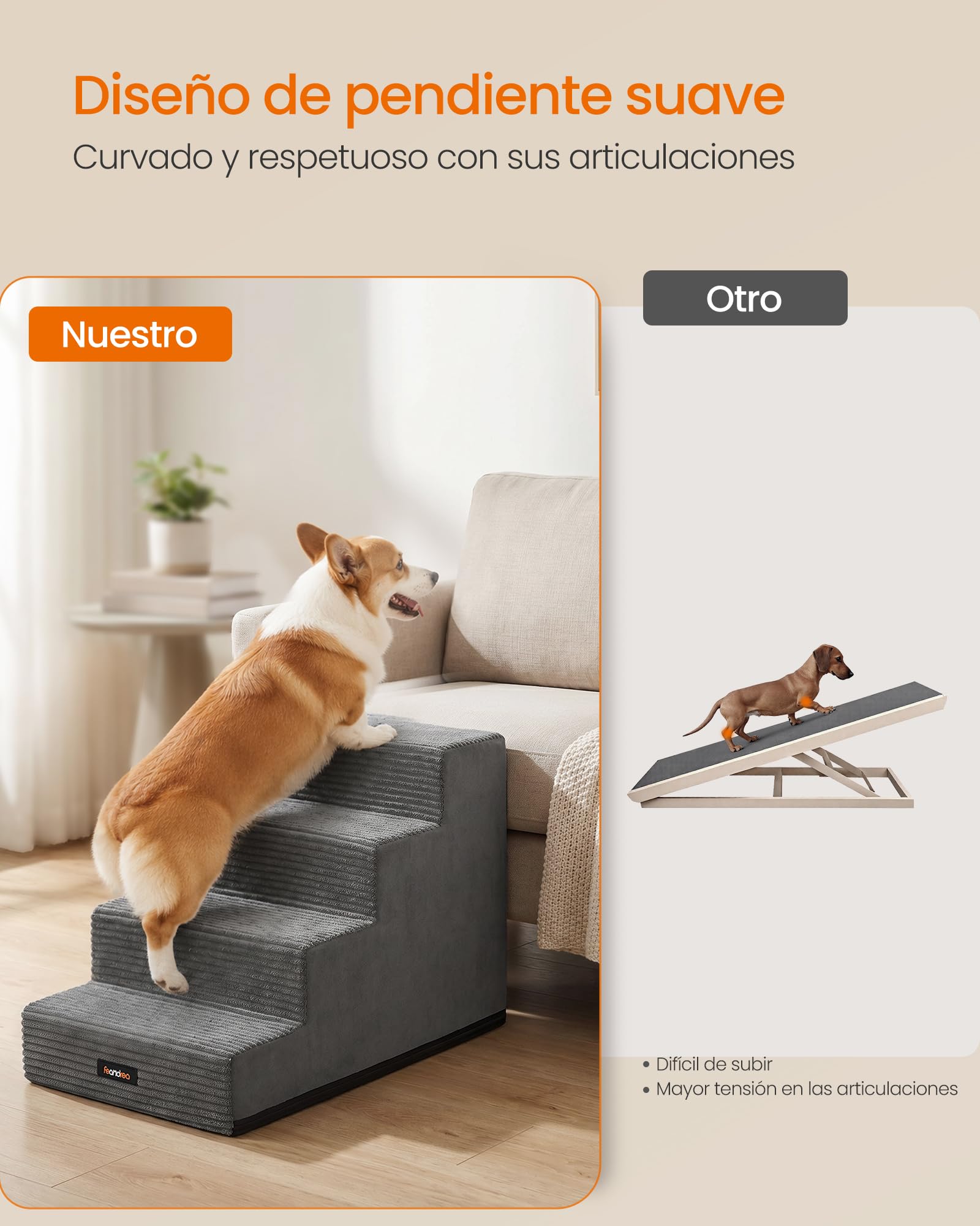 Feandrea Escaleras para Perros de 4 Peldaños, Espuma de Alta Densidad, Funda de Pana Impermeable y Lavable, Antideslizante, para Cama y Sofá, 62 x 40 x 44 cm, Gris, Colección Baddi PPS024GN01