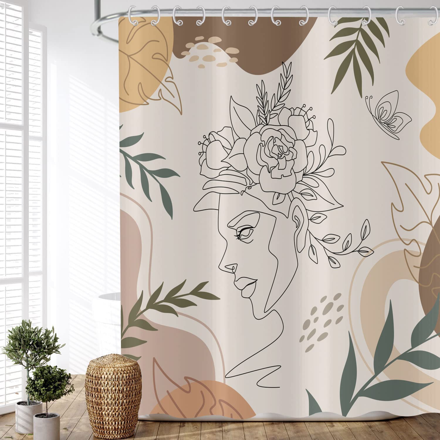 Rideau De Douche Boho 120x200 Cm - Imprimé Fleurs Et Visage, Imperméable