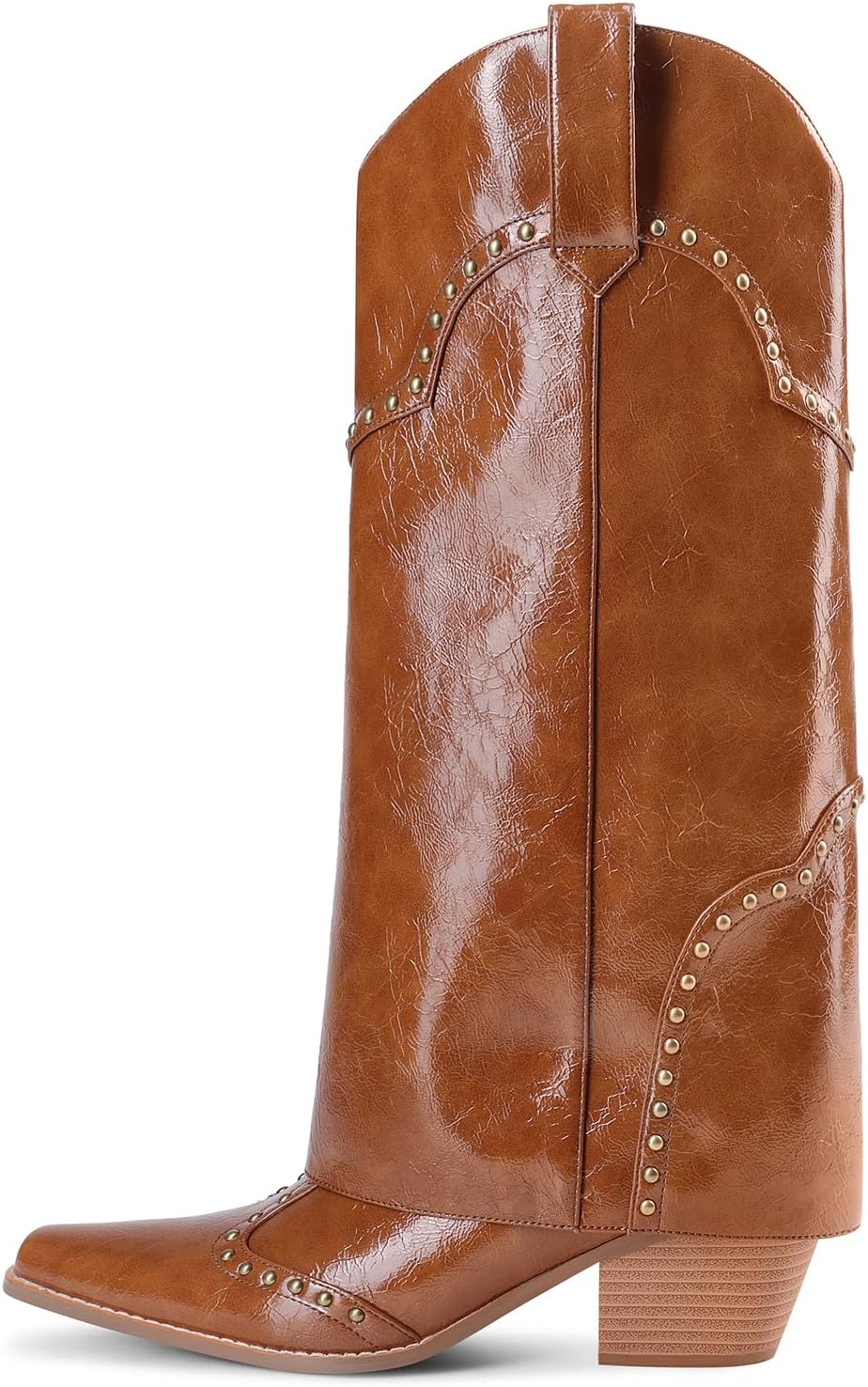 Women Shark Boots Fold Over Mid Calf Chunky Heel Snip Toe Cowboy Cowgirl Pull On Studded Boots for Women - Image 2