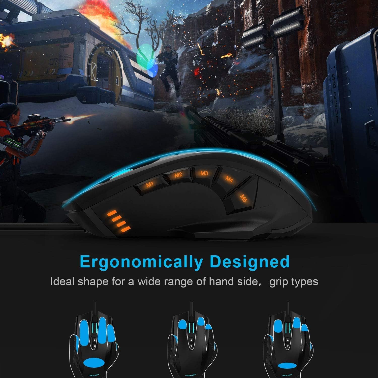 TeckNet M009 Gaming Mouse with 16400 DPI, Wired RGB LED Backlit Computer Mice, 10 Programmable Buttons, Weight Tuning Set (Renewed)