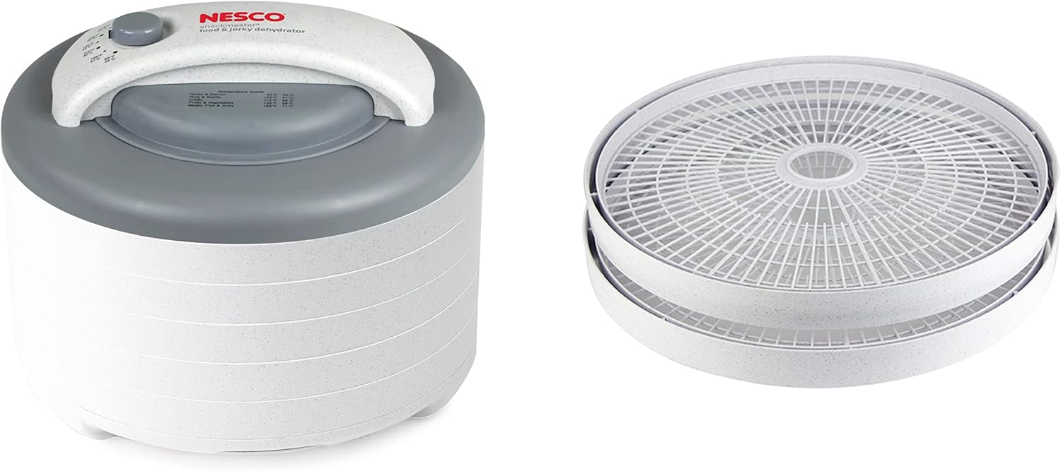 Nesco FD-61WHCK Snackmaster Encore Food Dehydrator with Jerky Gun Kit for Great Snacks and Jerky, 6 Trays, Gray, 1 Count (Pack of 1),White