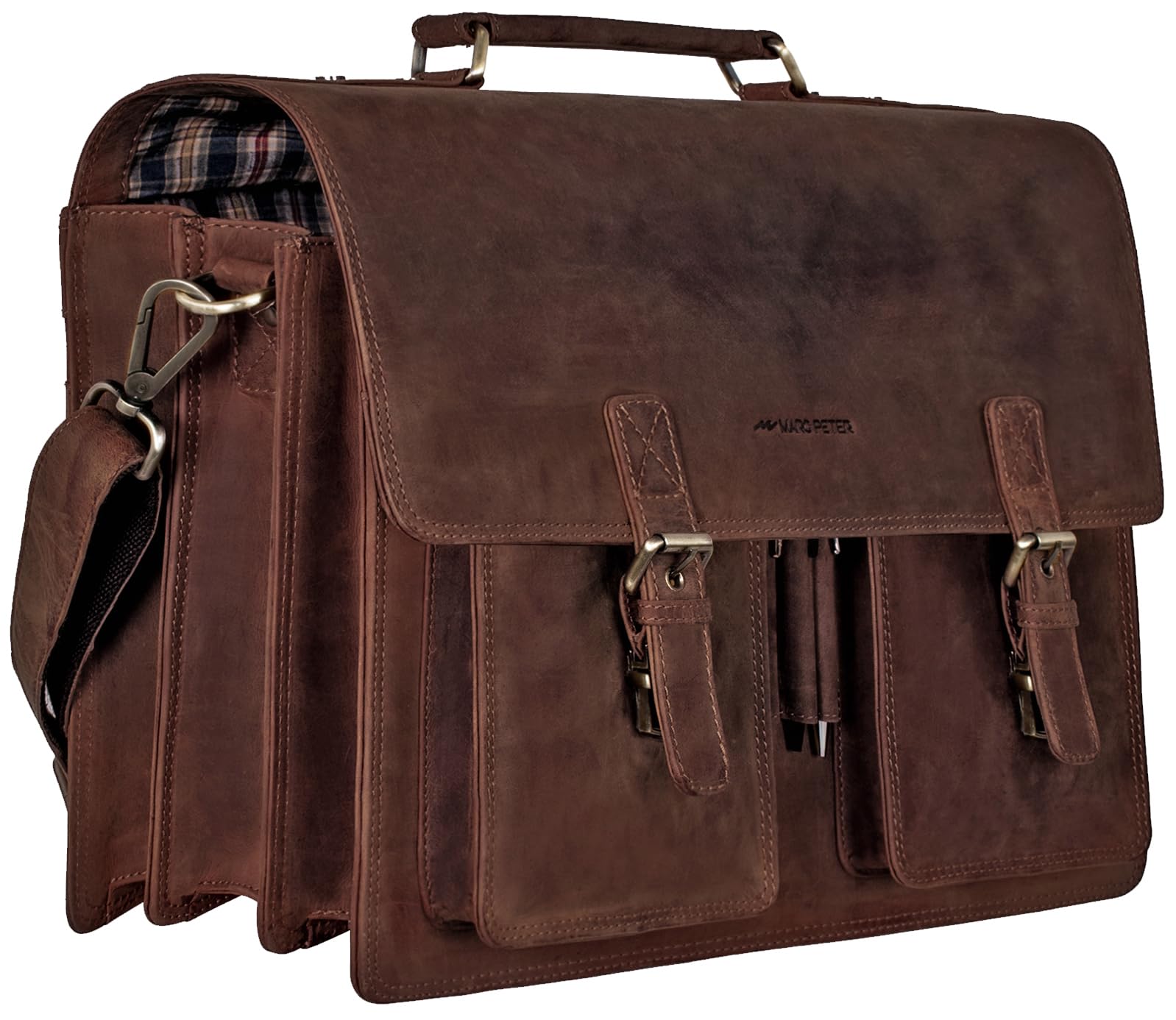 Marc Peter Amsterdam Aktentasche Leder XL Vintage Lehrertasche mit Laptopfach 15,6 Zoll große Ledertasche zum Umhängen Trolley aufsteckbar
