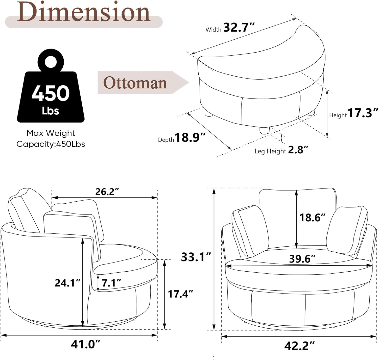Chair and A Half with Ottoman, 360° Swivel Chair Modern Circle Round Love Seat Sofa Couch Set Big Comfy Accent Barrel Chairs Living Room Bedroom Lounge Reading Corner Furniture with 4 Pillows (White)