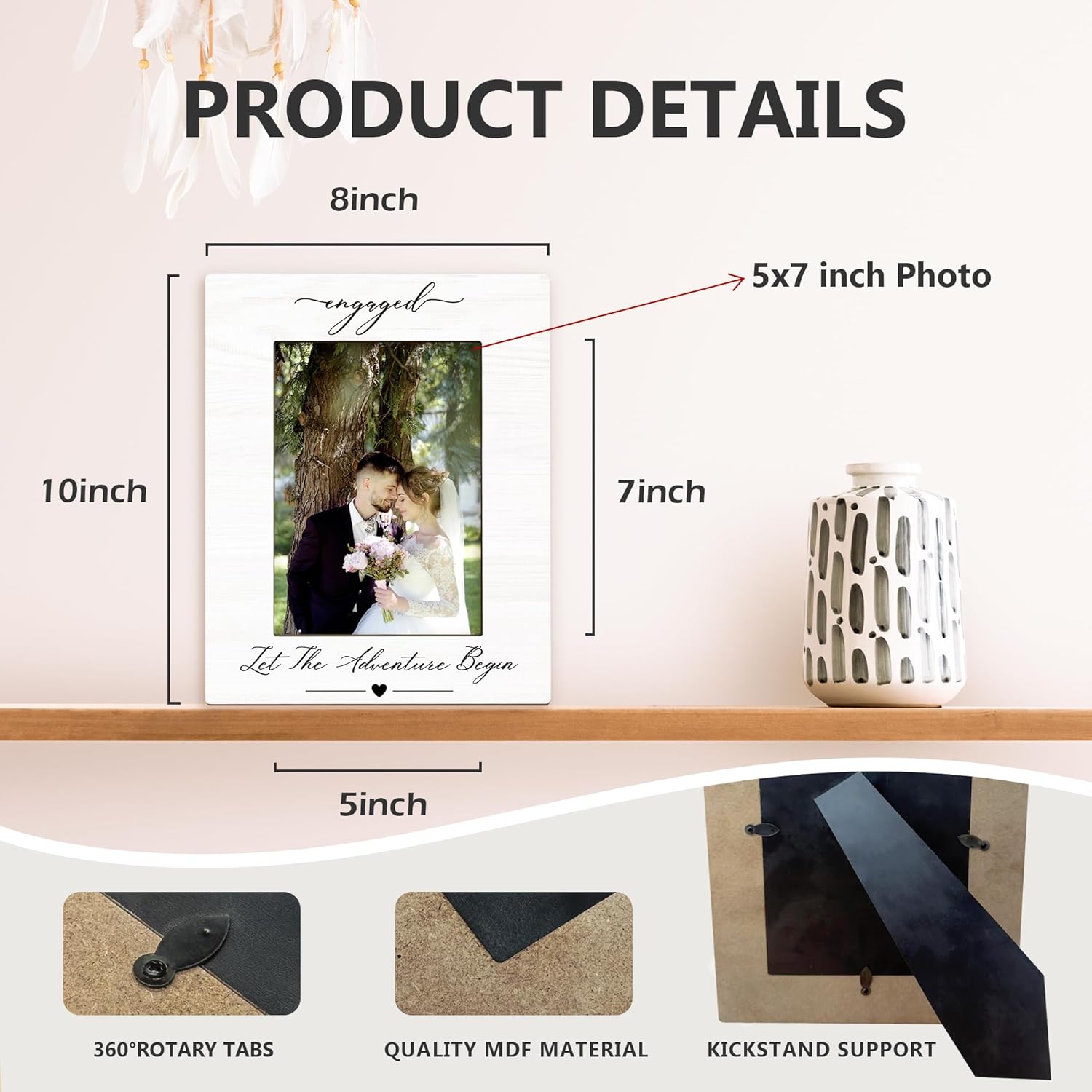 Engagement Picture Frame 5x7, Wedding Photo Frame, Just Engaged Married Gifts for Couples Bride Groom, Engaged Let the Adventure Begin Wooden Picture Photo Frames for Desk Home Room Decor - Image 7