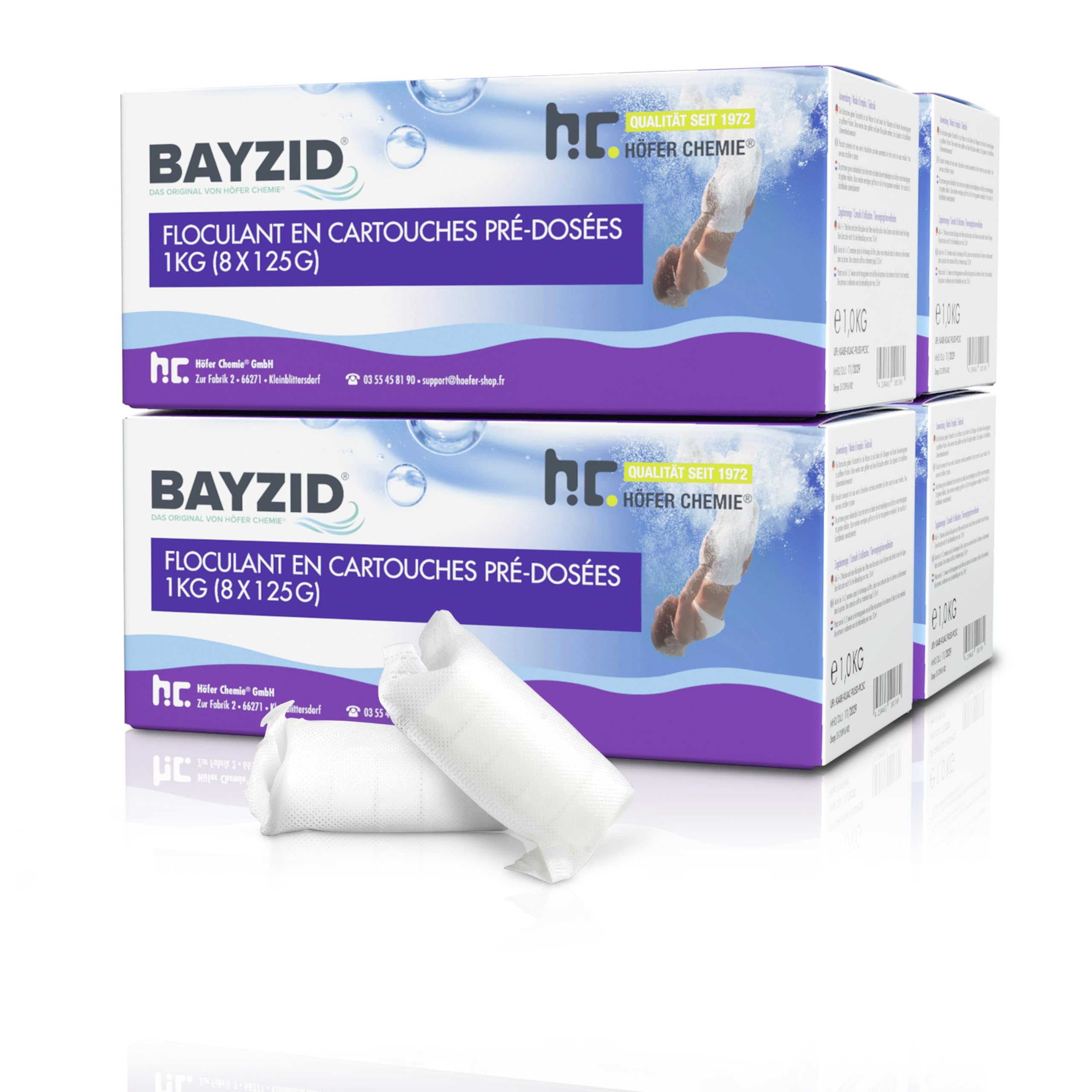 Höfer Chemie 4 x 1 kg BAYZID® Cartouches de Floculant Piscine Pré-dosées (8 x 125 g) - Élimination Rapide des Impuretés pour Piscines avec Filtres à Sable, Facile à Utiliser