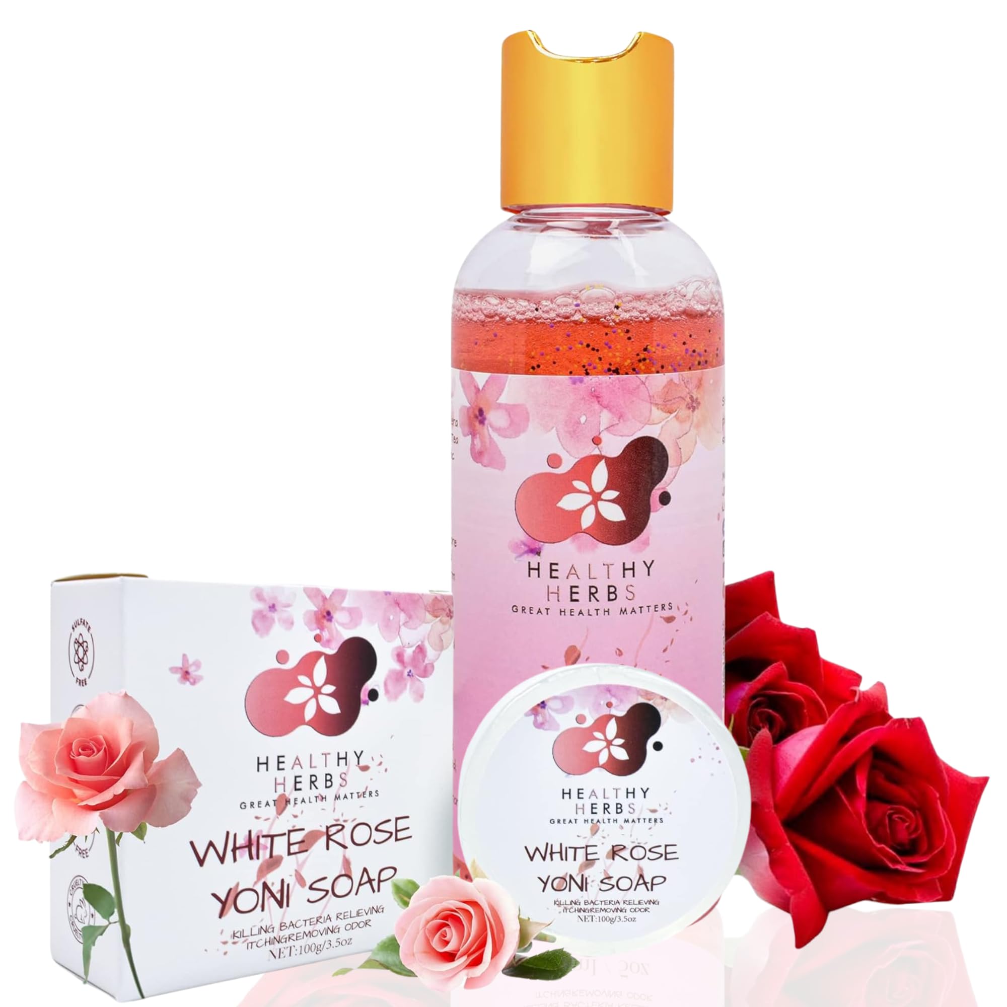 YONI Feminine Care Set Red Rose Gel Wash Natural White Rose Yoni Soap Bar Organic Daily Intimate Cleanser
