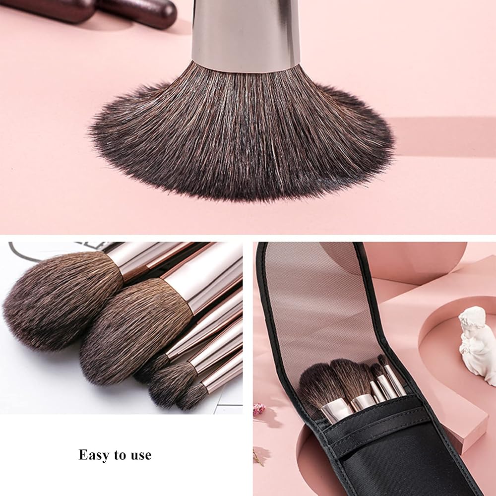Travel Makeup Brushes Set w/Pouch, Portable 5PCS Professional Premium Goat Hair Cosmetic Brushes Kit for Powder Blush Concealers Contouring Highlighting