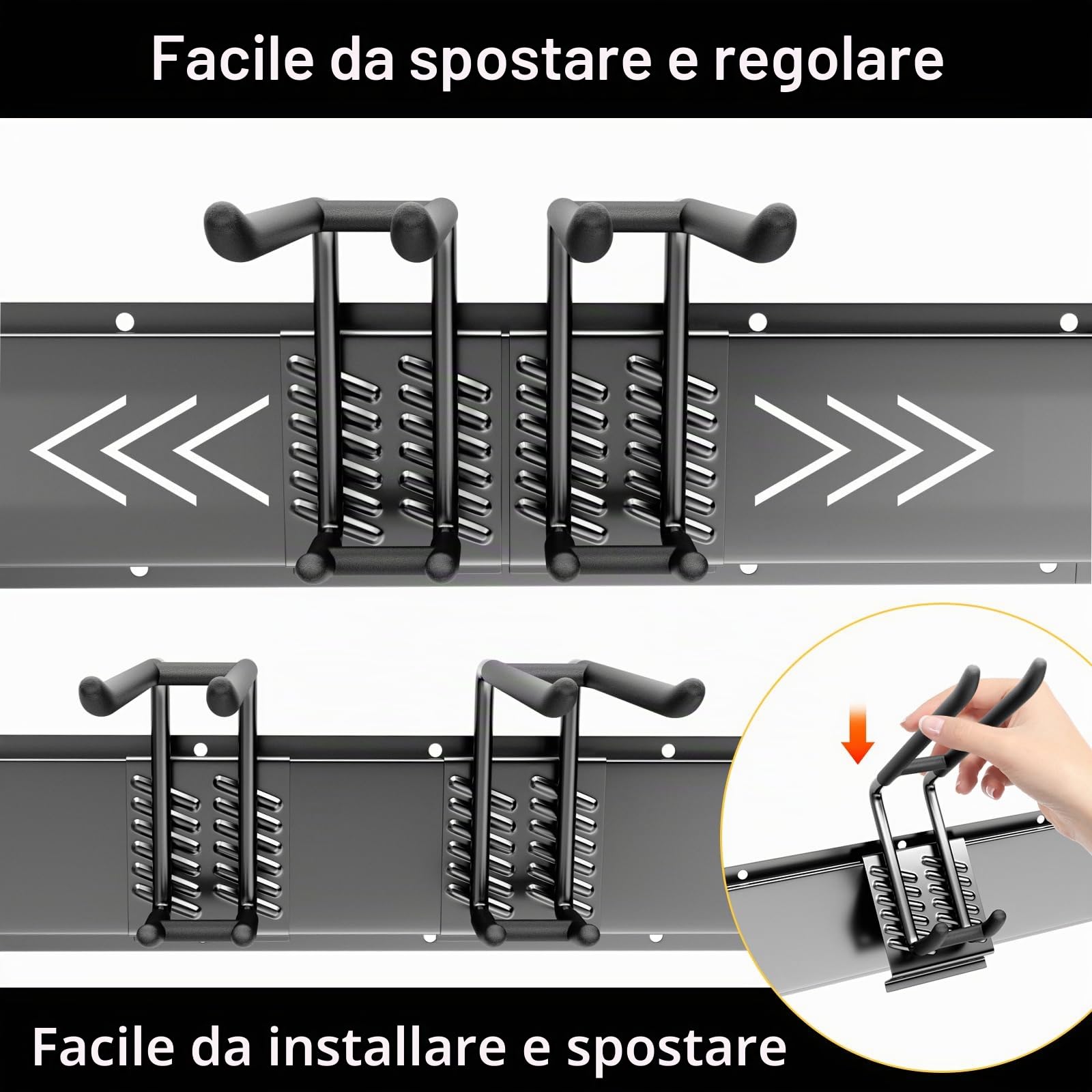 Porta Attrezzi da Giardino1 Regolabile 120 cm, Scaffalatura Multifunzione da Parete, Supporto a Parete per Attrezzi da Giardino - con 3 Binari e 8 Ganci per Garage, Giardino, Cantina, Cortile (Nero)