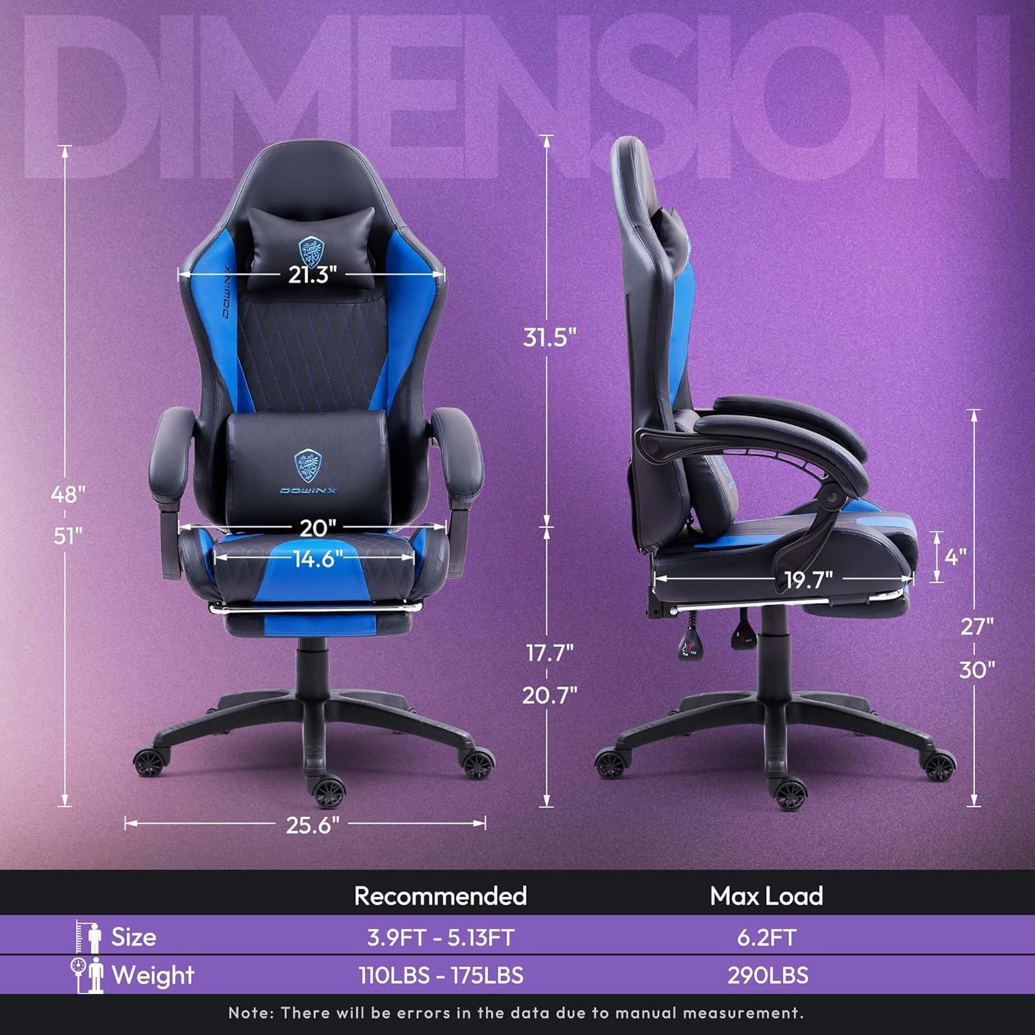 Dowinx Gaming Chair with Massage Lumbar Support and Footrest, Video Game Chair for Adults, Adjustable Ergonomic Gamer Chairs High Back with Pocket Spring Cushion, Swivel Recliner with Headrest, Blue