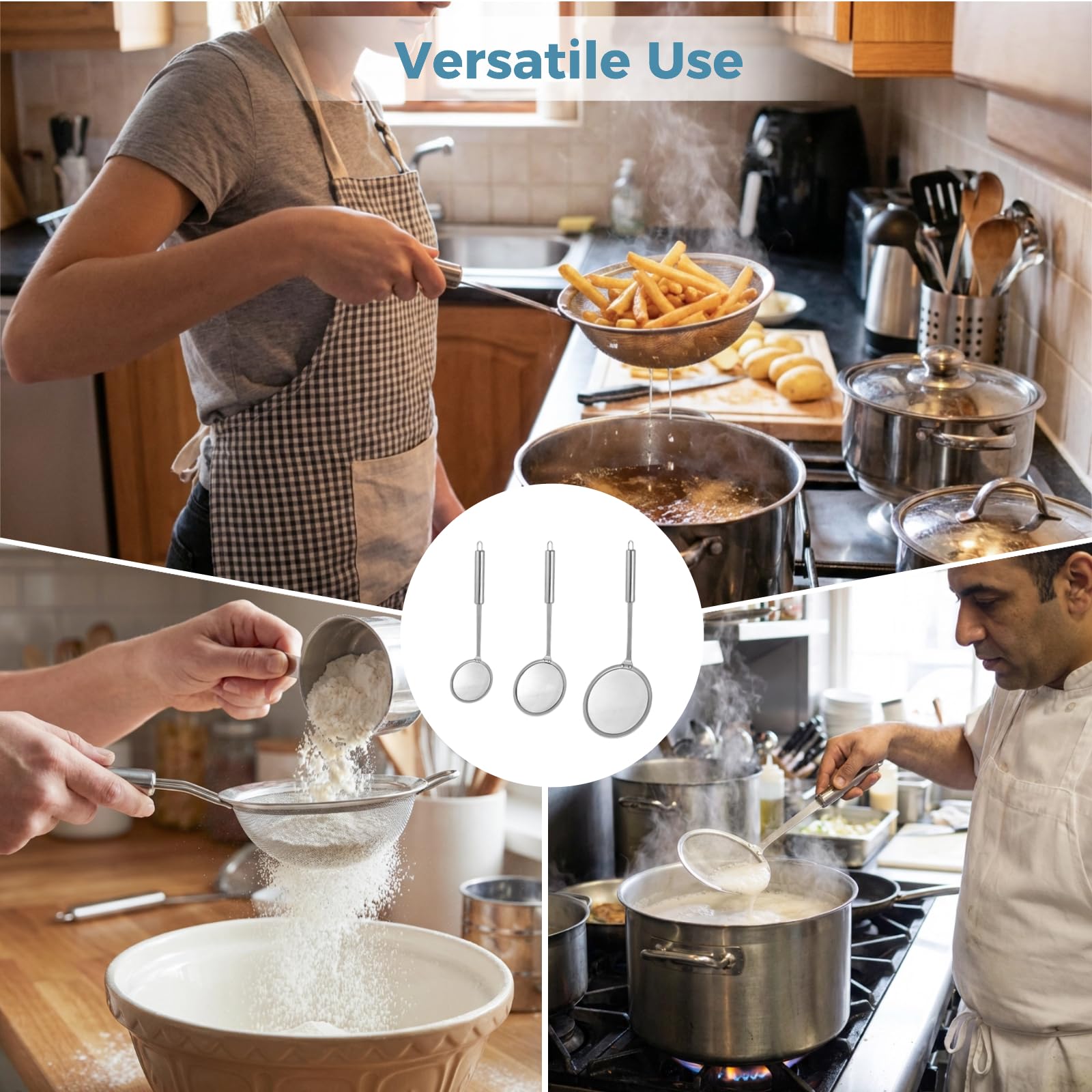 3 Stk. Feinmaschiges Schaumlöffel-Set, 304 Edelstahl Ölfilter-Sieblöffel, multifunktionales Küchen-Mesh zum Abschöpfen von Fett und Schaum, 3 Größen, für Kochen und Frittieren