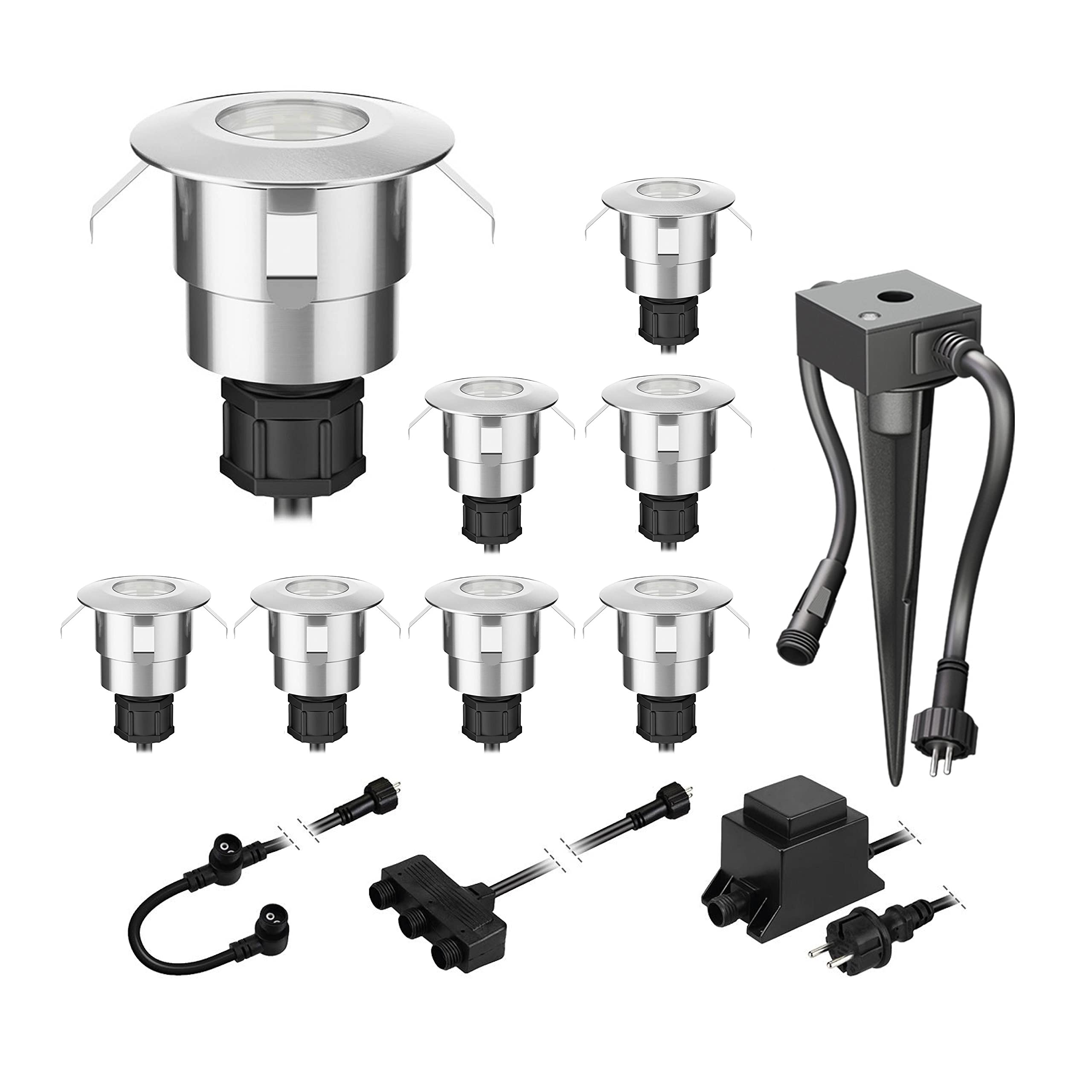 ledscom.de Lampada da incasso a pavimento LED Atria con sensore crepuscolare per esterni alluminio bianco caldo, 14lm ciascuno, IP65, Ø 40mm set di 8