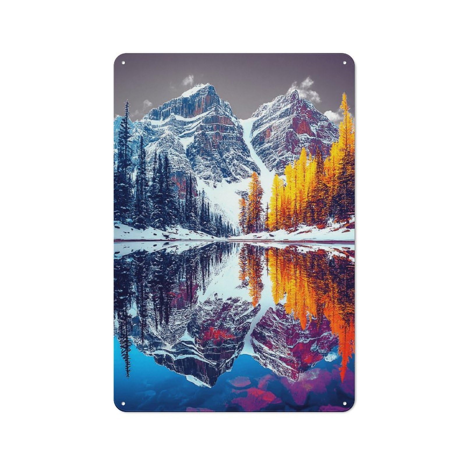 Junmoney Snow-Capped Peaks Reflecting In Autumnal Lake Metal Wall Sign 30X20cm, Retro Decor For Home Bar Wall, For Metal Sign Collectors, For Garage And Workshop Walls