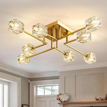 Gold Crystal Ceiling Lights, Modern Sputnik Chandelier,Semi Flush Mount K9 Crystal Ceiling Lights for Living Room Bedroom Dining Room