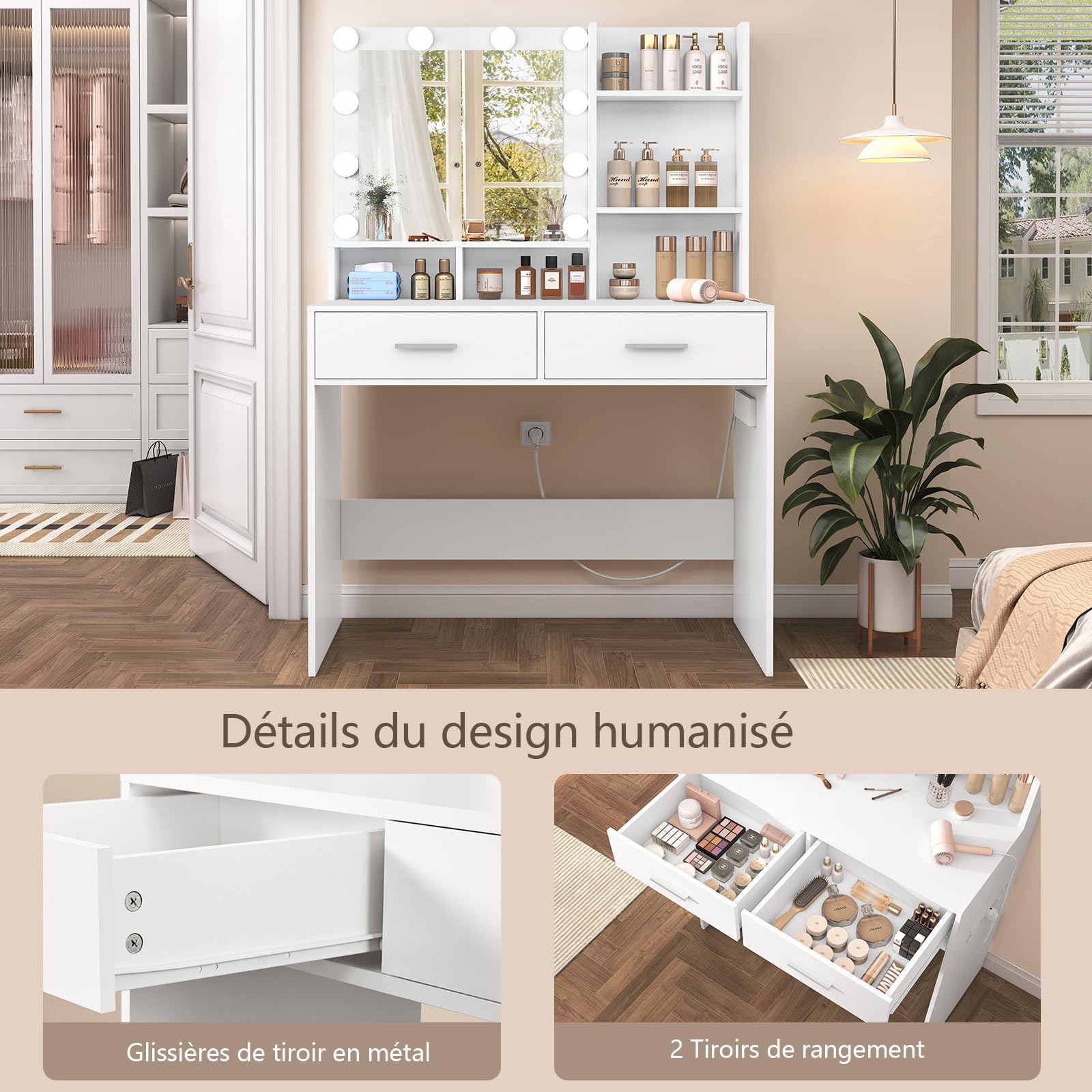 Usikey Tocador de Maquillaje Con Iluminación LED y Enchufe, Mesa Con Espejo, 2 Cajones y 2 Estantes, Estilo Moderno, Vanity Para Dormitorio, Blanco