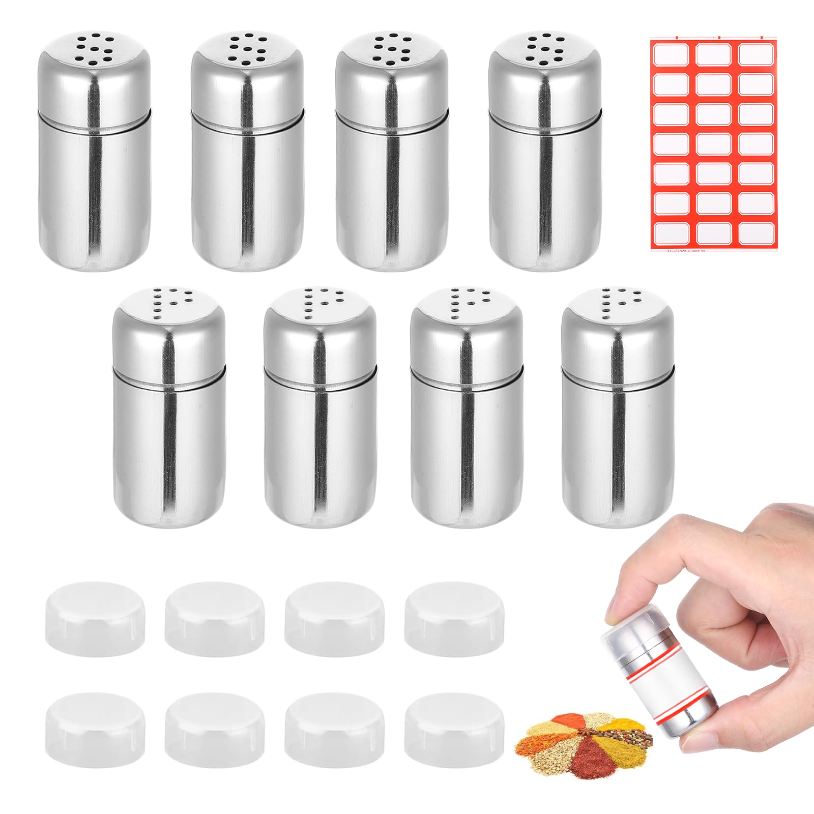 Lot de 8 mini salières en acier inoxydable de 15 ml avec couvercle, mini salière pour le camping, convient pour les cuisines, les restaurants, le camping et les barbecues en plein air (4S + 4 trous en