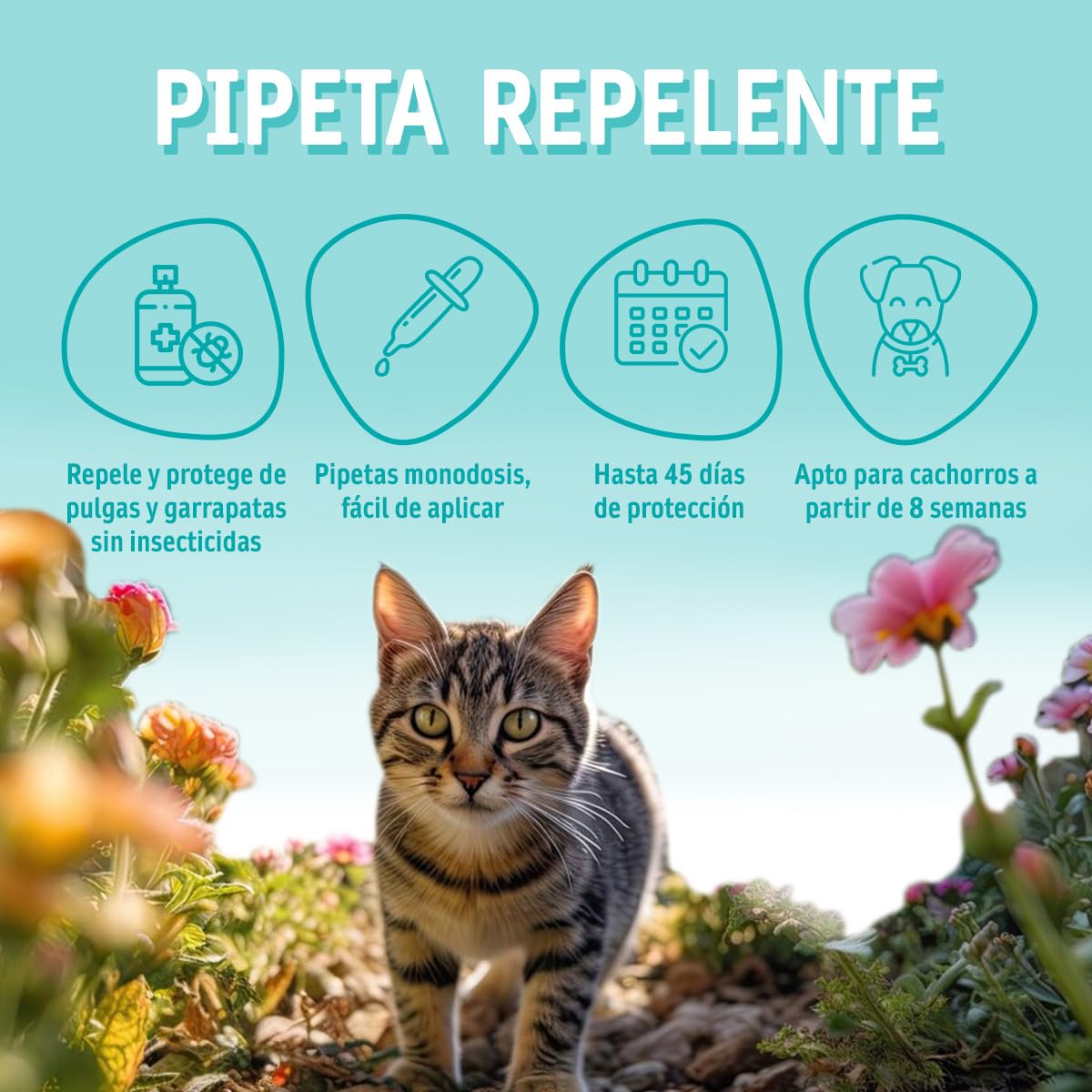 DIXIE - Pipetas Repelentes Gatos - 4 uds x 1 ml - Pipetas Repelentes - 4 Meses de Protección - contra Piojos, Mosquitos, Pulgas y Garrapatas - sin Insecticidas - Todos los Tamaños de Gatos
