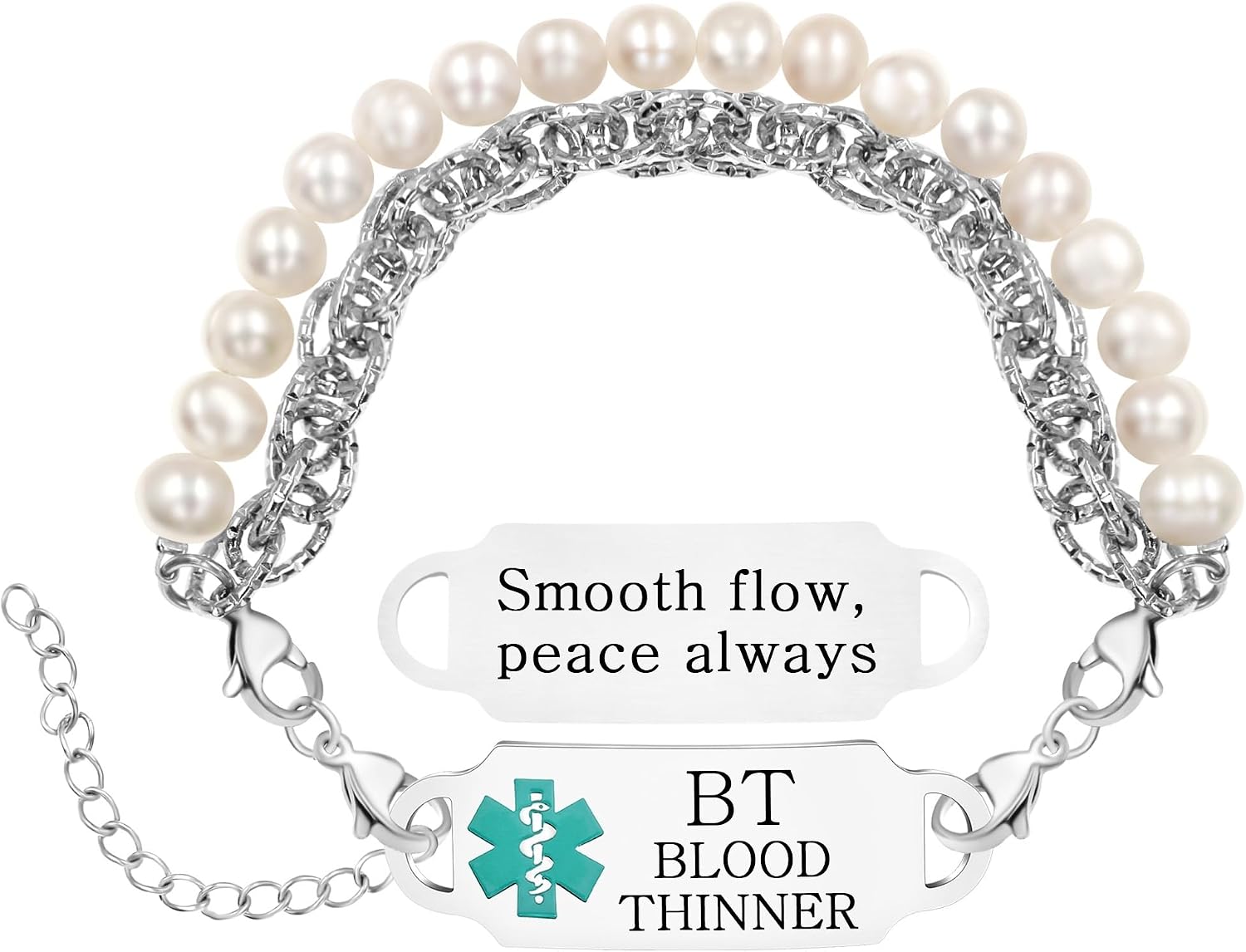 Elegant Women’s Medical Alert Bracelet – Stainless Steel Tag with Natural Pearl Double Chain, Adjustable Lightweight Waterproof Health ID Jewelry for Daily Wear, Travel, Running, and Fitness