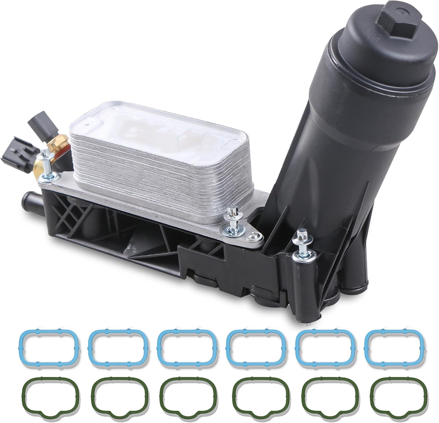 Engine Oil Cooler Housing Assembly Replaces 5184304AE, 5184294AC Compatible with 2011-13 Chrysler 200 300 Dodge Jeep Wrangler Grand Cherokee Ram 1500 3.6L V6 w/Sensors, Gasket Kit & Filter