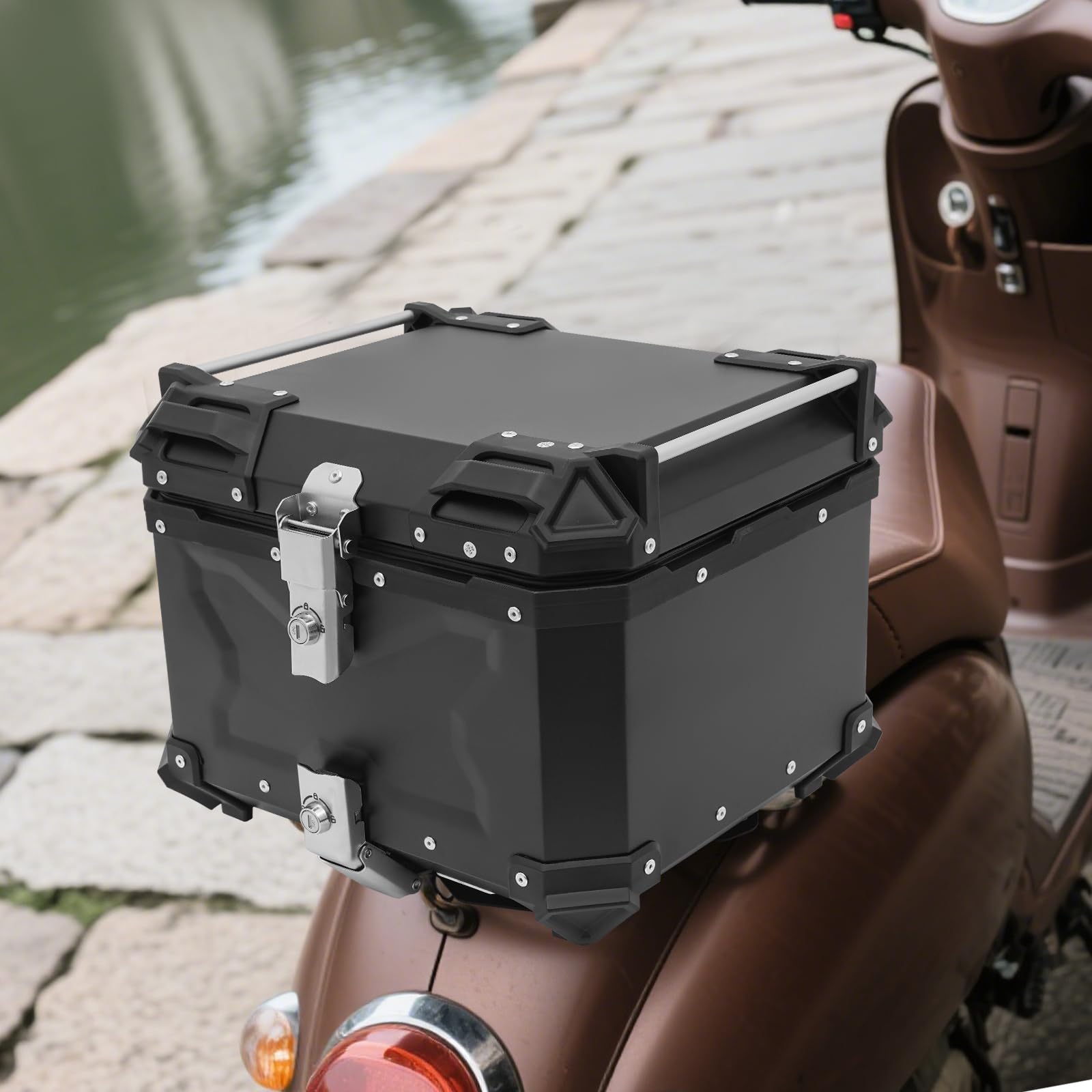 Funda superior para motocicleta, 45 L, impermeable, para motocicleta, con cierre de seguridad, para 2 cascos y accesorios de viaje, aleación de aluminio, color negro