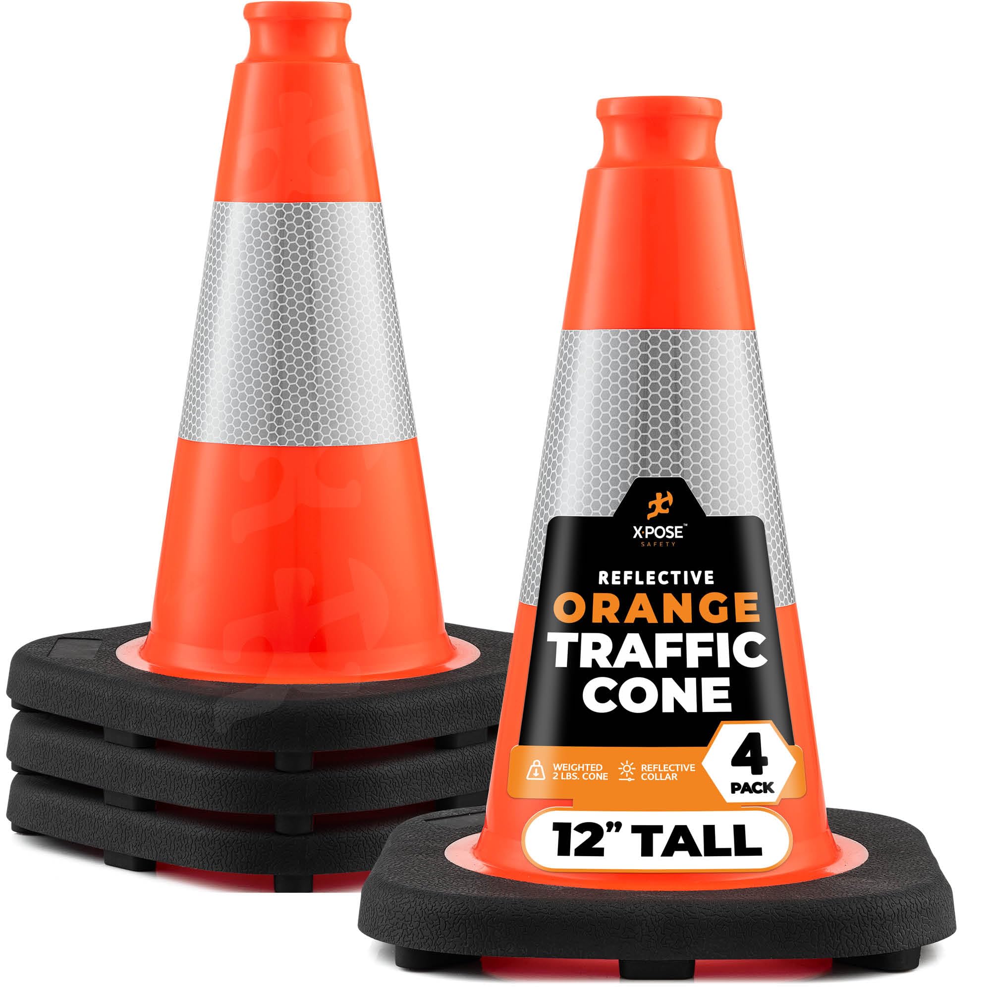 Xpose Safety 12 Inch Orange Traffic Cones with 4" Collar - 4 Pack Multipurpose PVC Plastic Safety Cone for Parking, Soccer, Caution, Kids and