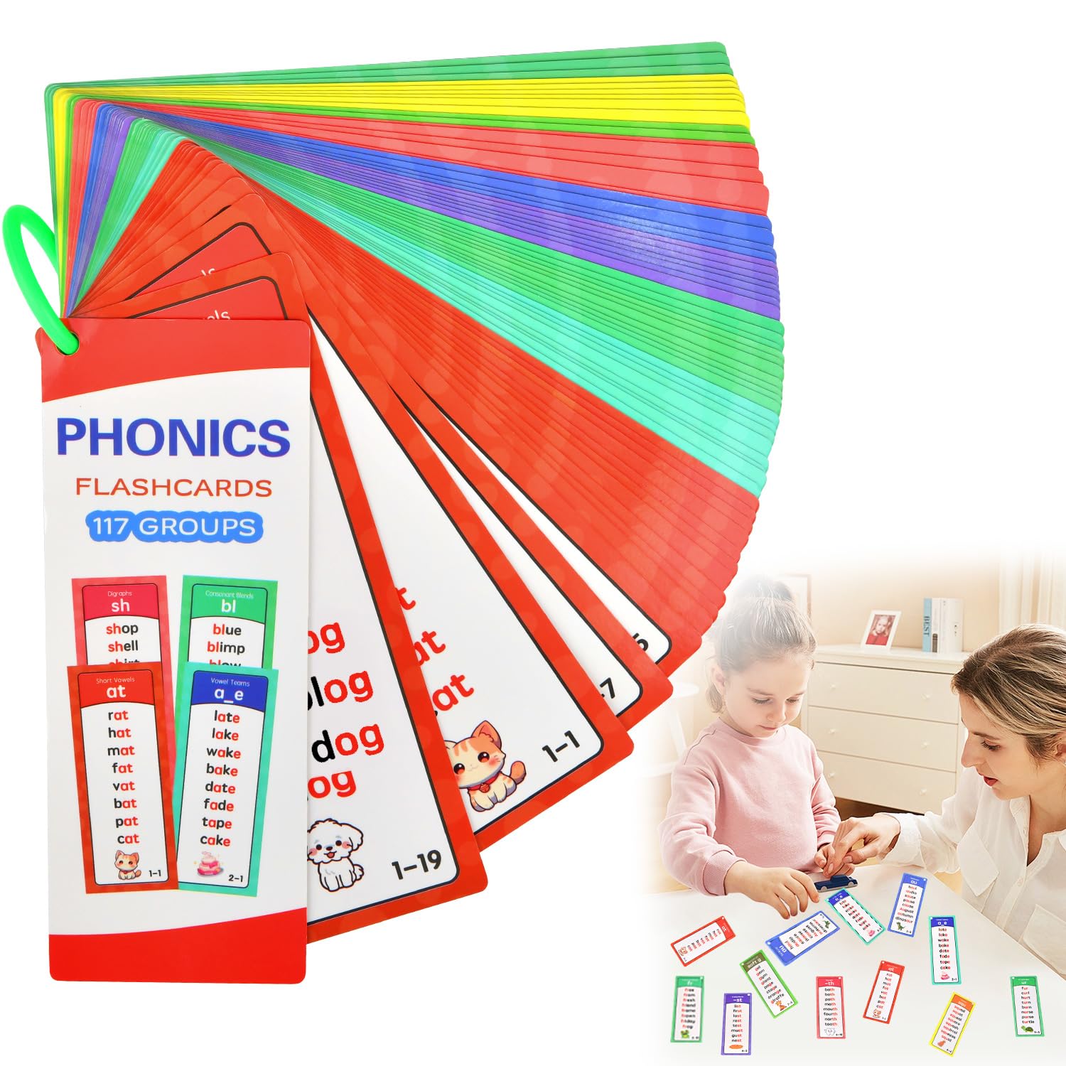 Phonics Flash Cards, 60 Double-Sided Cards with 117 Sound Groups 900+ Rhyming Words, Preschool English Discovery, Phonics Word Cards for Home Nursery Daycare Center
