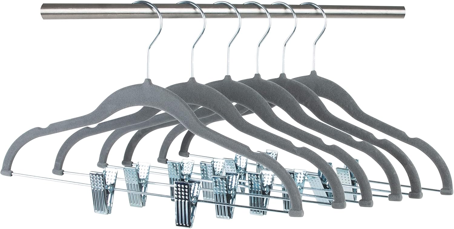 Simplify 24 Pack Children's Velvet Hangers | Durable | Lightweight | Non-Slip | Nursery | Shirt | Pants | Tank Top | Grey | Clips | Closet Organization