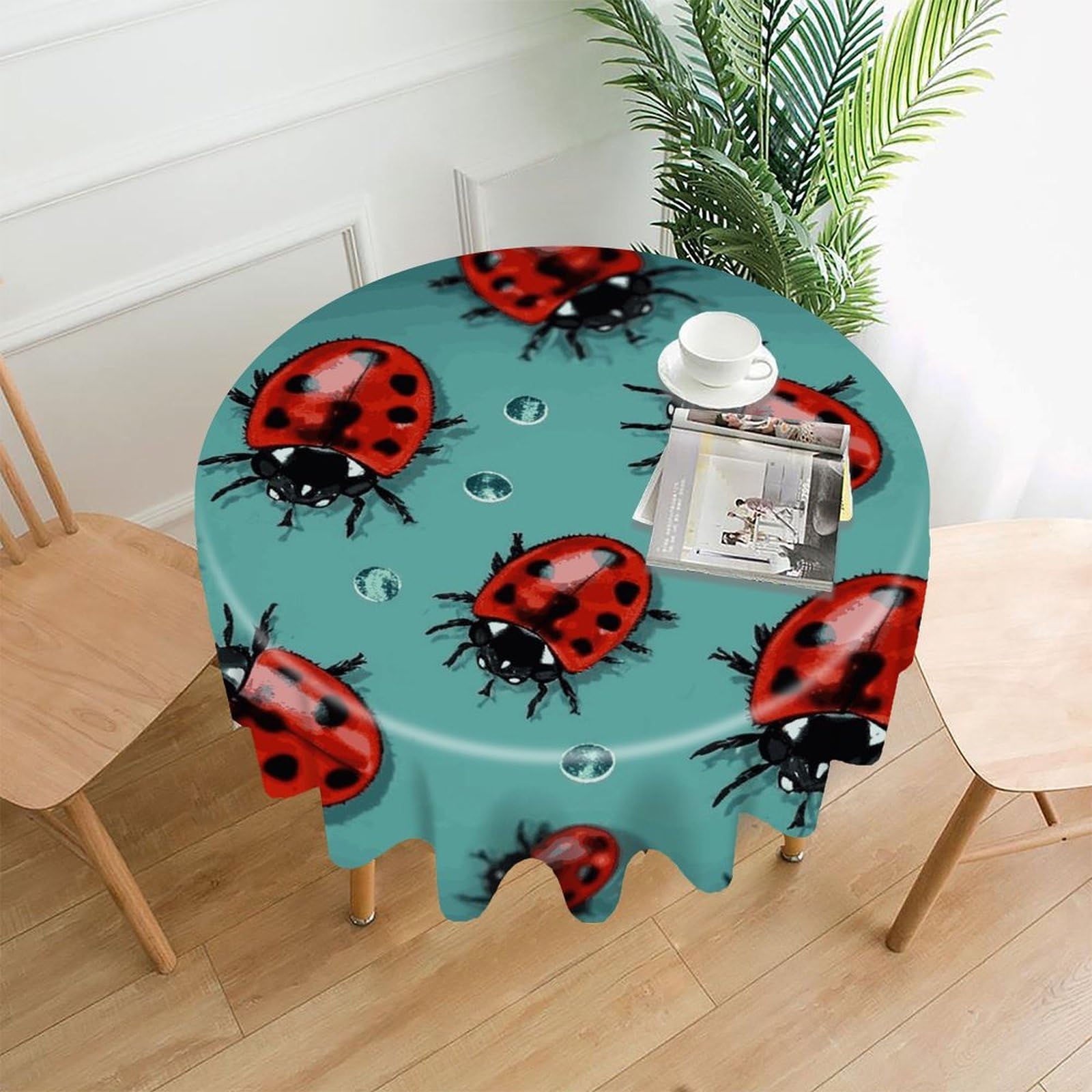 FekiLoot Red Ladybugs On A Blue Background Round Tablecloth Cover 60 Inch Wrinkle Free Washable Polyester Fabric Table Cover Decorative Round Table Cloth for Home Dining Kitchen Party Farmhouse
