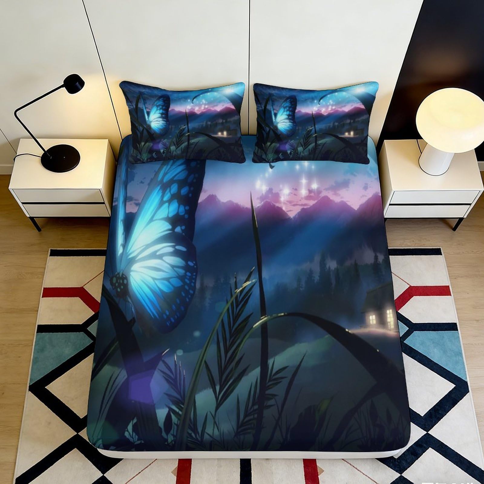 3D Printed Blue Butterfly Fitted Sheet Microfiber Soft Breathable Fantasy Forest Bed Cover for Bedroom Dorm Mattress Protection Decor 90x200x25cm