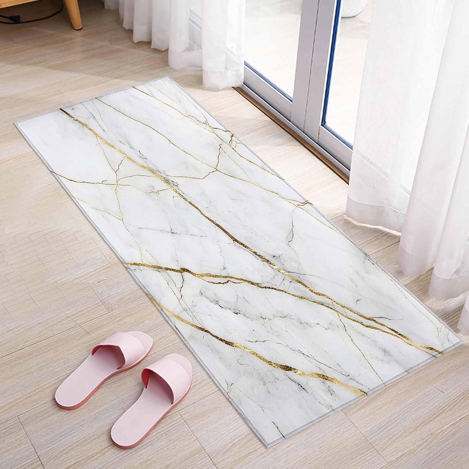 Teamery Kitchen Mats for Floor White Marble Gold Stripe Washable Non Slip Kitchen Rugs 1PCS, Modern Minimalist Style Absorbent Standing Mats for Sink Bathroom Office Living Room 23.6x70.9in