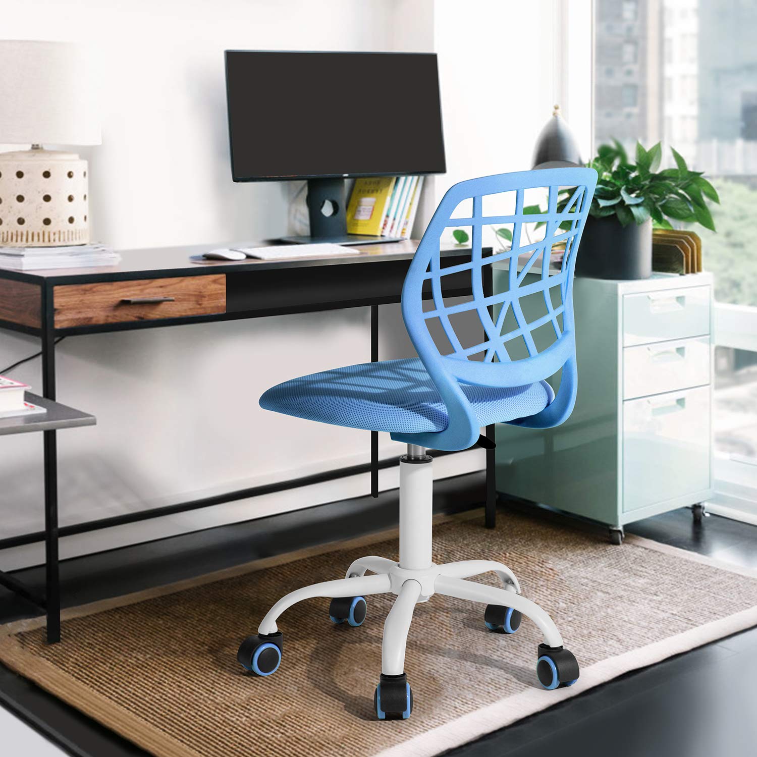 FurnitureR Chaise de Bureau Moderne, Siège d'ordinateur Design Réglable, Chaise de Travail Pivotante sans Accoudoir, Salle D'étude pour Enfants, Bureau à Domicile, Bleu
