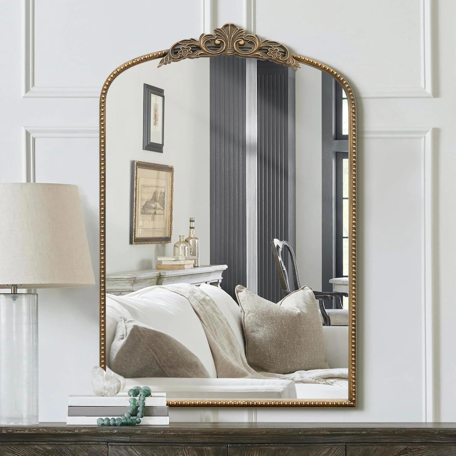 Micasso Antique Gold Ornate Mirror, 36"x 24" Arched Baroque Style Mantel Wall Mirror for Bathroom, Vanity, Living Room