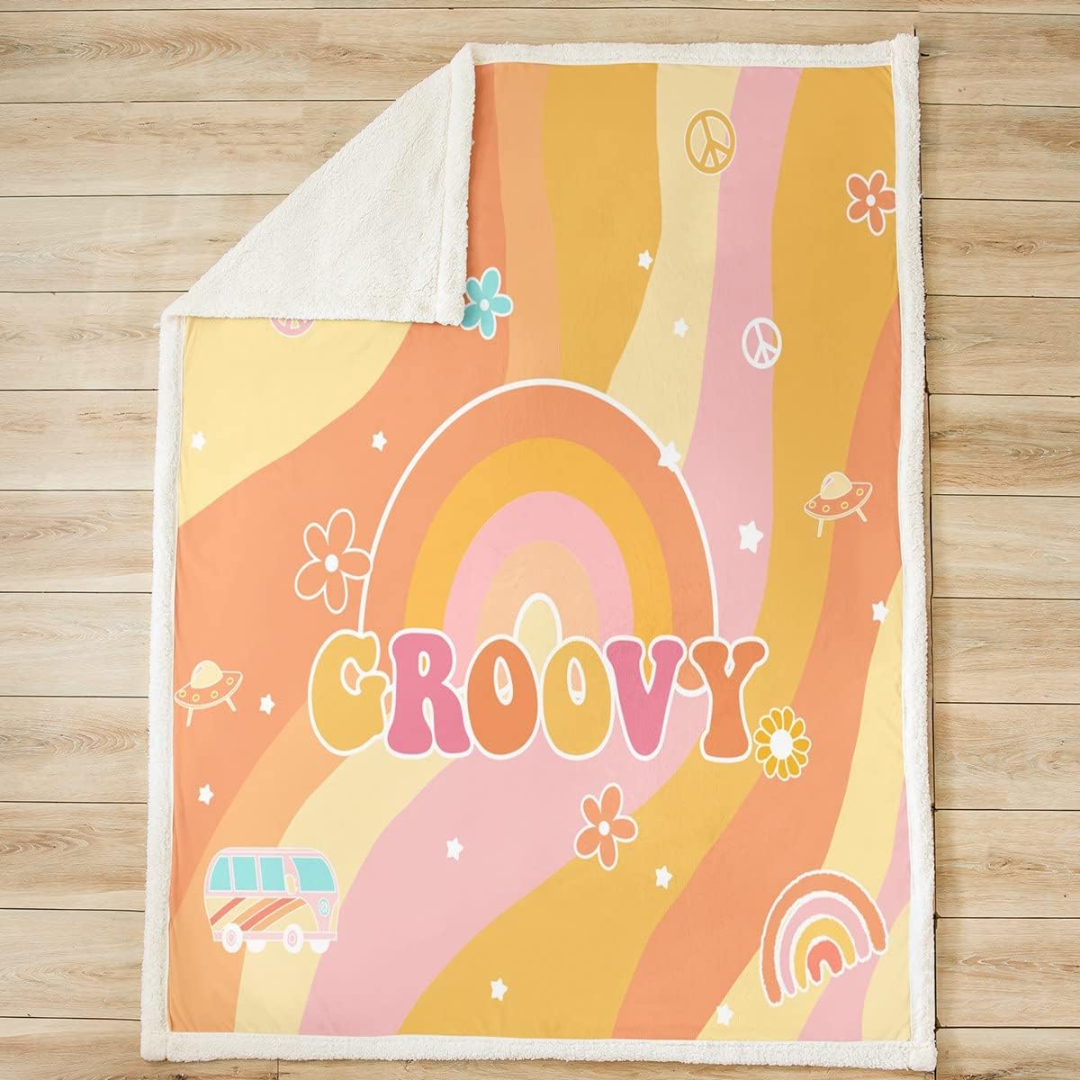 Cute Rainbow Bed Blanket Kids Girls Peace Sign Sherpa Blanket Soft Cozy Lightweight Colorful Stripes Plush Fleece Modern Floral Blanket Gifts for Bed Chair Office Sofa(Throw 50"x60")