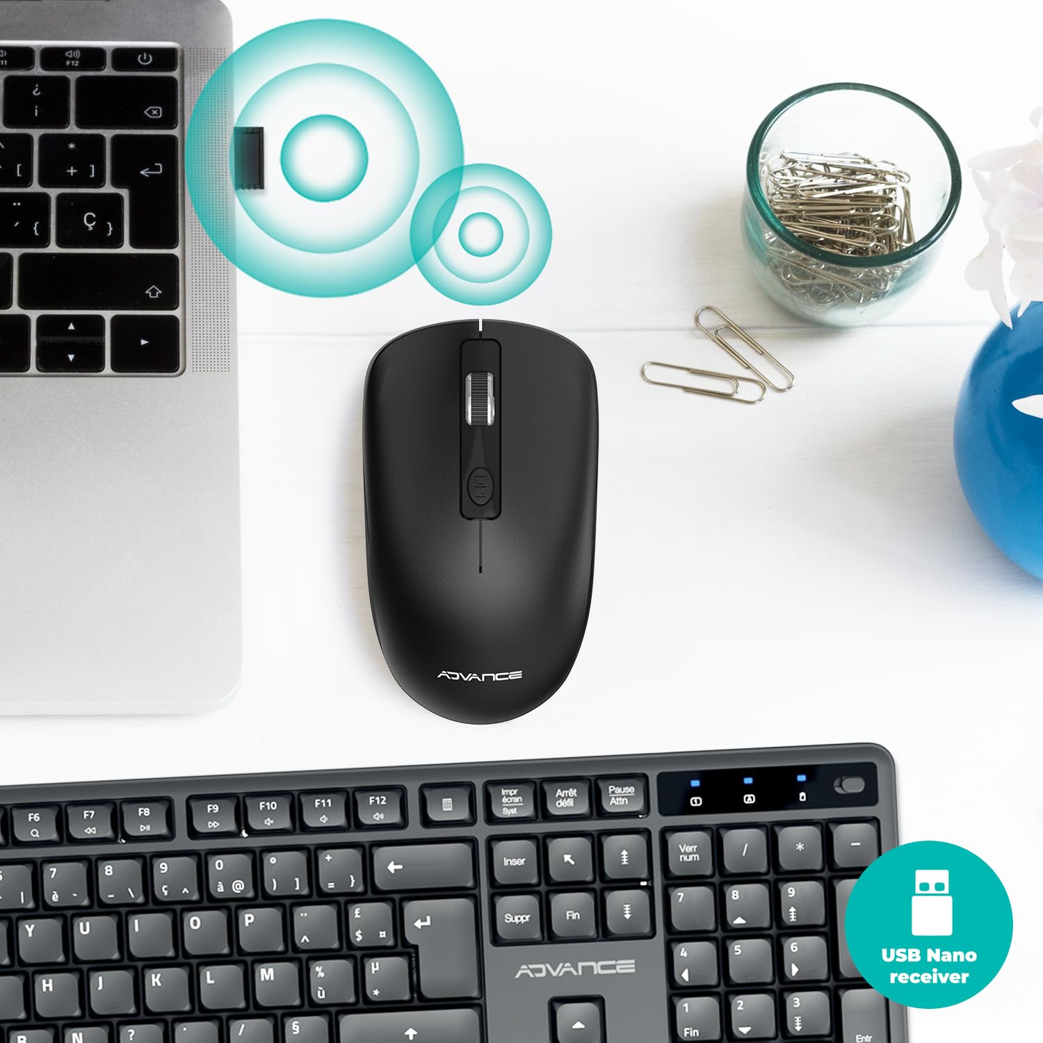 AD ADVANCE - SilentKeys, Pack Clavier Souris sans Fil Silencieux pour PC et Mac, Clavier AZERTY 105 Touches, 12 Raccourcis Multimédias, Hauteur Réglable, Souris 1600 DPI, Dongle USB, Noir