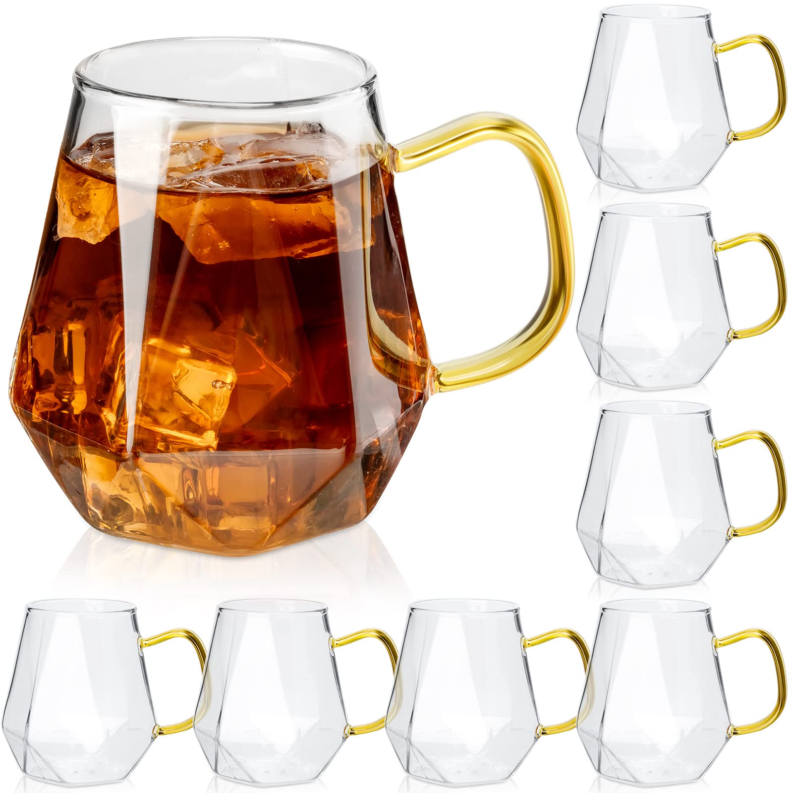 8 Pieces Glass Coffee Cups with Handle, 10 oz Crystal Clear Coffee Mugs for Hot Espresso Liquor, Microwave Safe Tea Cups Glass Set Gift, Diamond Design