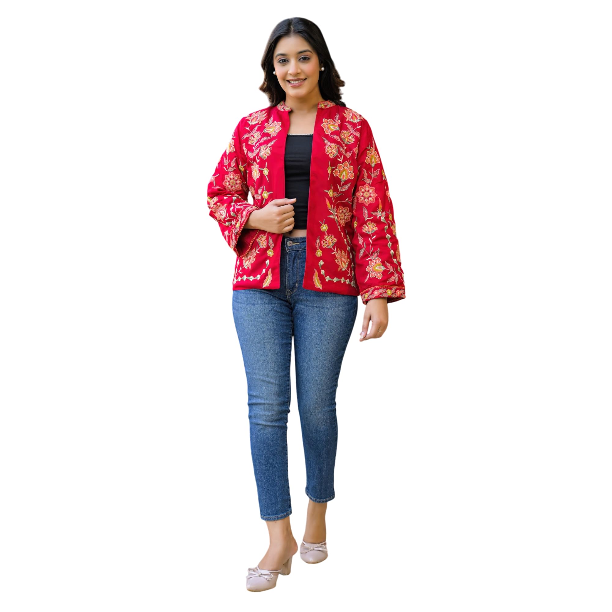zolo label Red Cotton Embroidered Long Sleeve Jacket Elegant Stylish Ethnic Outfit Women-picture-23