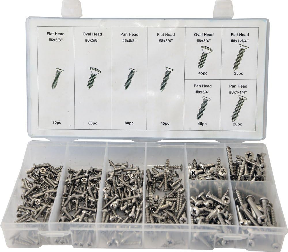 Open clear plastic case showing 420 stainless steel screws organized by type and size, with a lid insert detailing screw specifications.