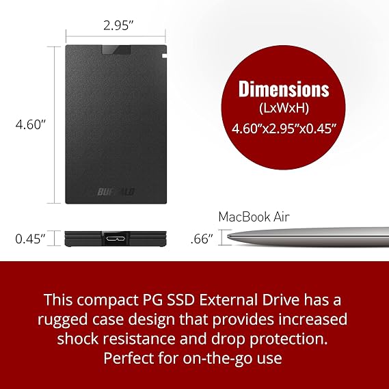 BUFFALO External SSD 500GB - Compatible with PS4 / PS5 / Windows/Mac - USB-C - USB-A - USB 3.2 - External Solid State Drive - SSD-PG500U3B
